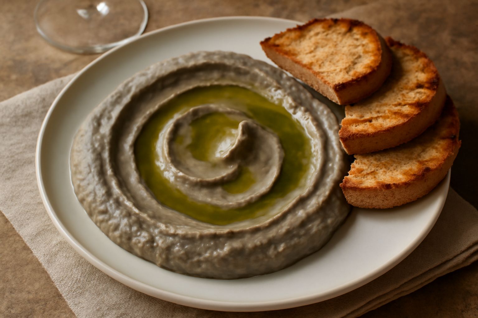 Patè di melanzane grigio-viola in una ciotola bianca, cremoso, con gocce di olio verde in superficie, contornato da pane tostato e rametti di prezzemolo fresco