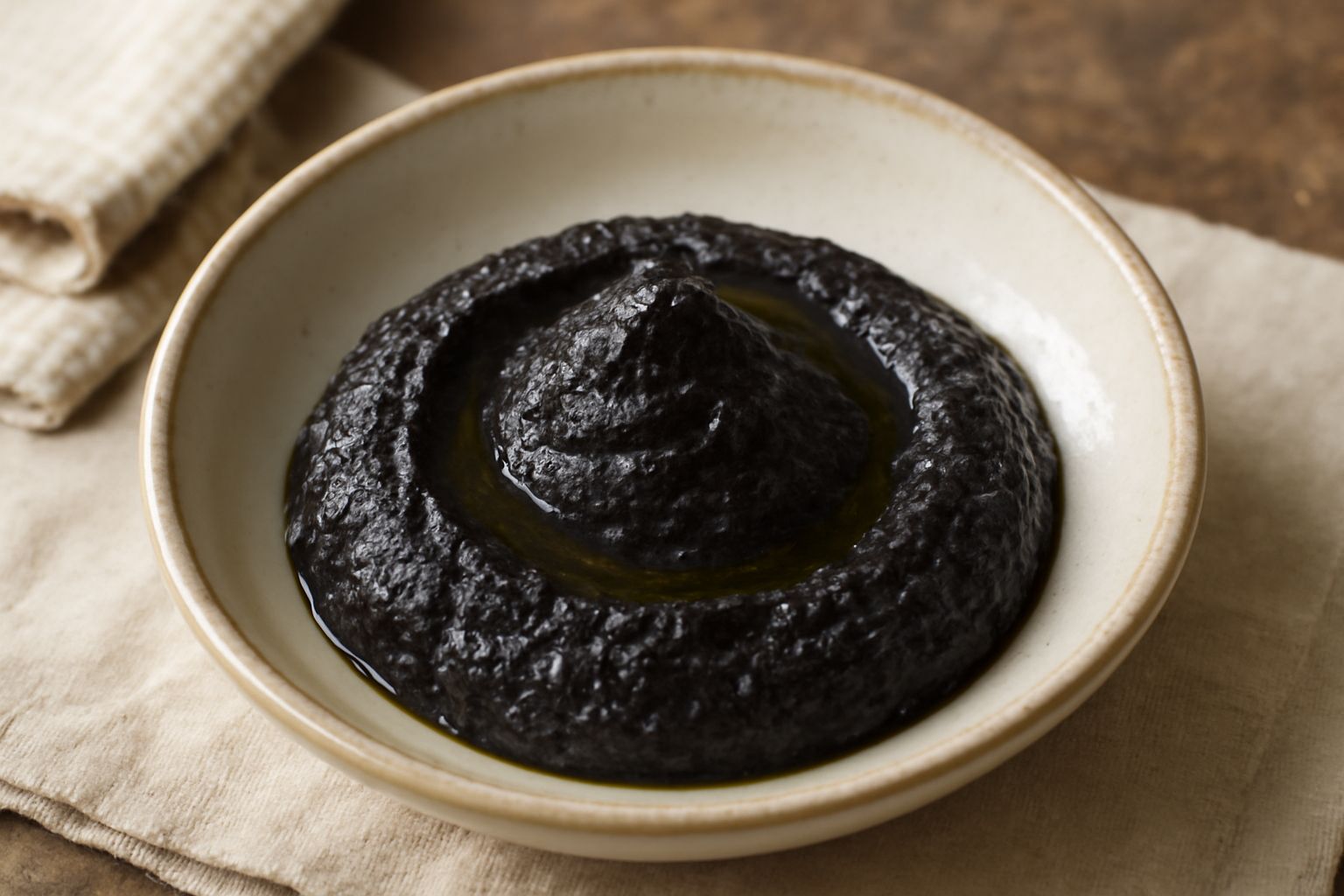 Ciotola bianca con patè di olive nero intenso, liscio e cremoso, decorato con un filo d'olio verde scuro, affiancato da fette di pane tostato integrali e olive nere denocciolate sparse attorno
