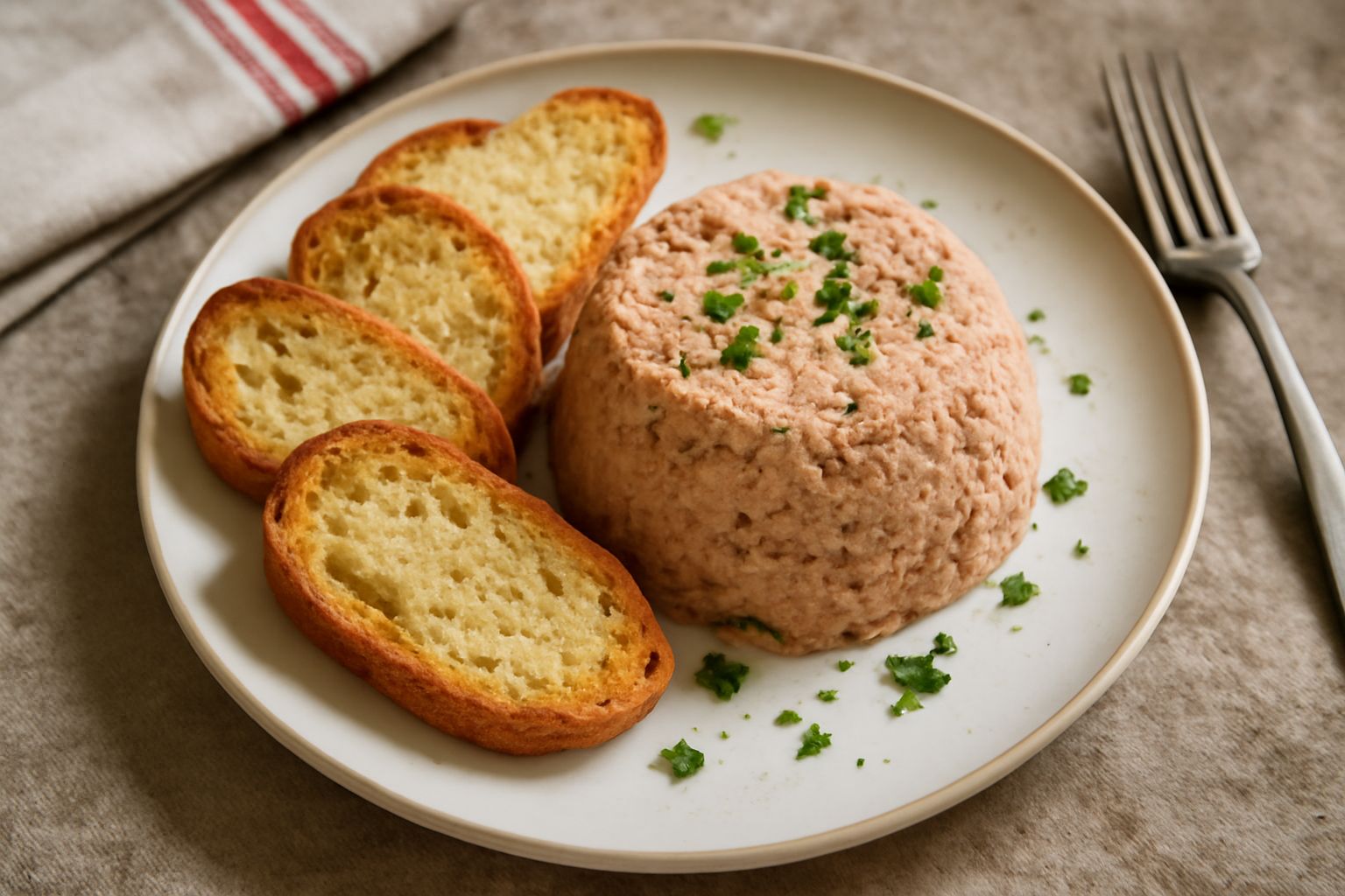 Patè di tonno cremoso in una ciotola bianca, guarnito con prezzemolo fresco e limone affettato, con crostini di pane tostato accanto