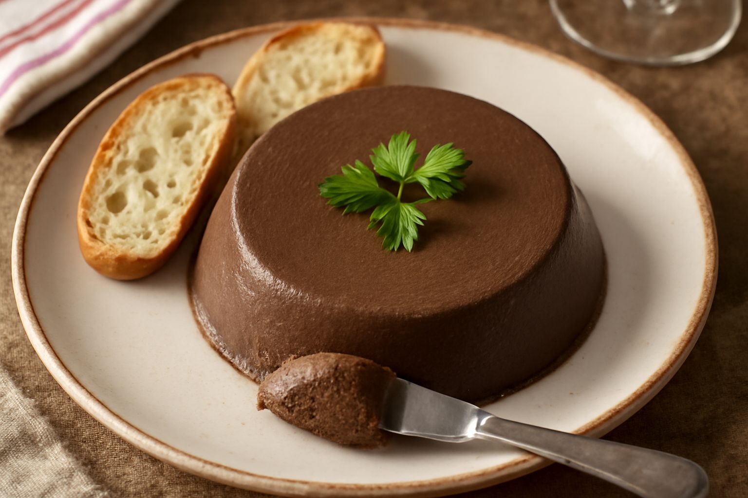 Paté freddo color marrone scuro in una terrina di ceramica bianca, con una coltellata di texture vellutata e liscia, contornato da fette di pane tostato croccante e rosmarino fresco