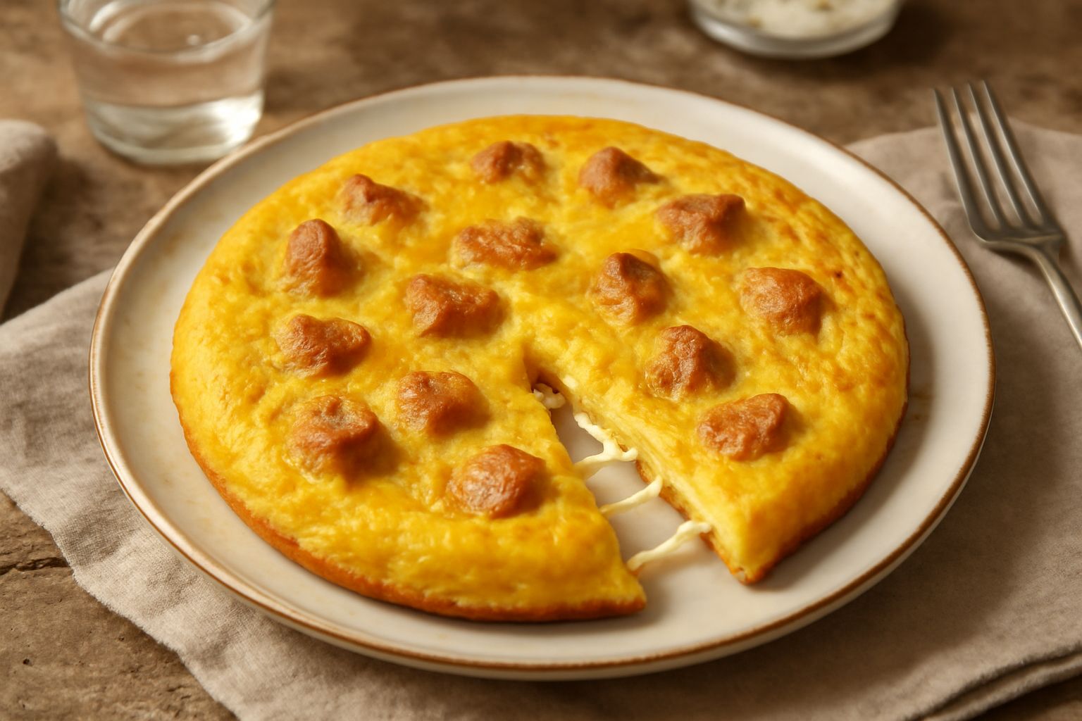 Pattona dorata e gonfia in padella di ferro, con formaggio che filava dai bordi, pane raffermo mescolato all'interno, tagliata a spicchi su piatto bianco