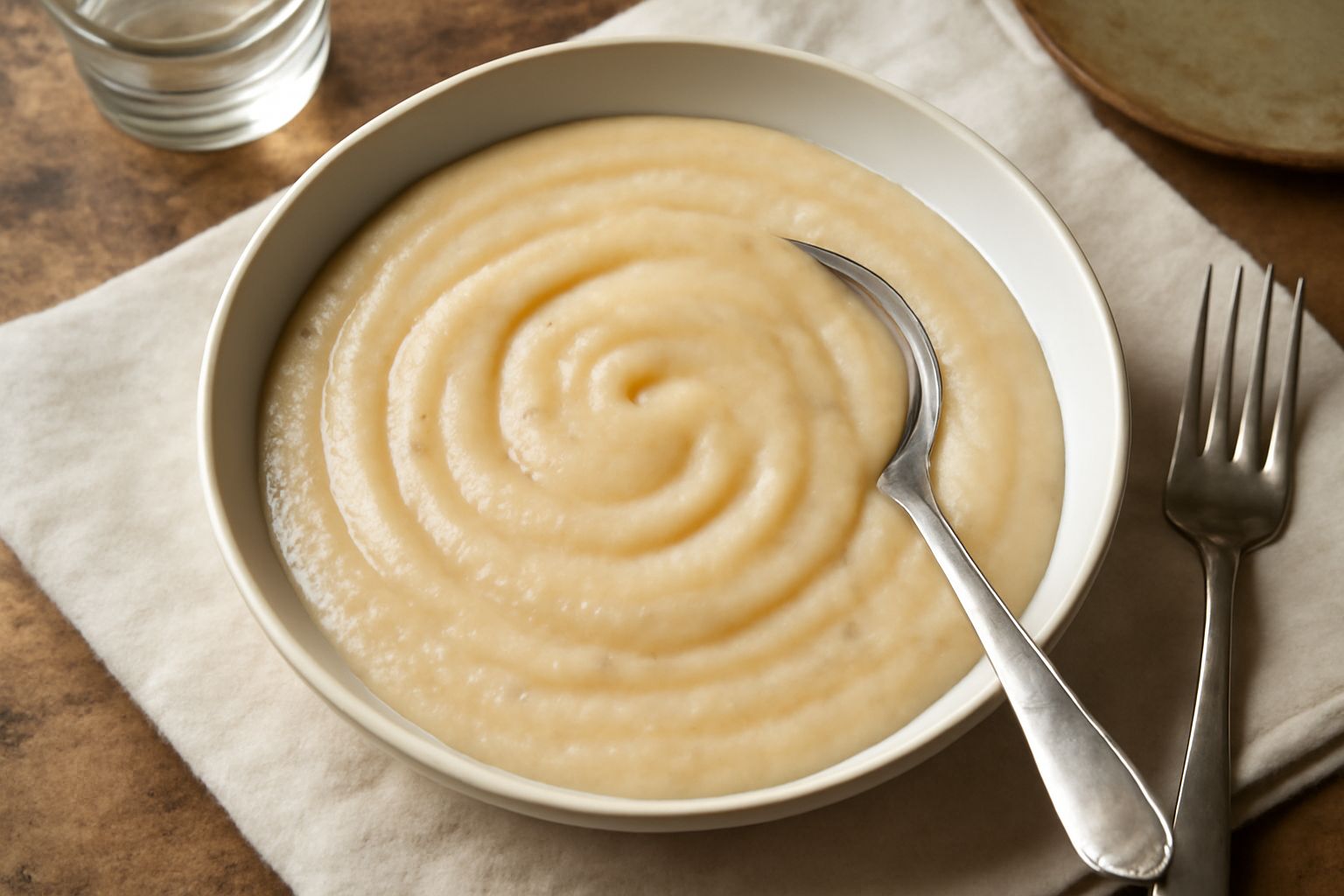 Ciotola di «pearà» cremosa color beige, densa e omogenea, con cucchiaio di legno immerso, accanto a fette di pane tostato e rametto di prezzemolo fresco