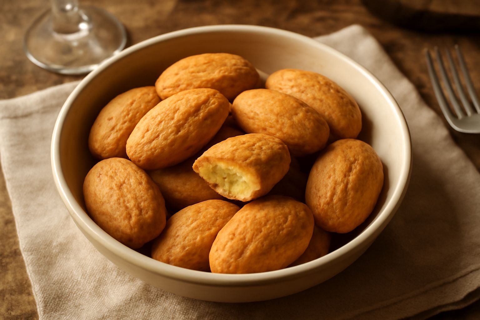Peccorini dolci disposti su un piatto bianco, biscotti ovoidali leggermente dorati con superficie friabile, sfondo di tela bianca naturale
