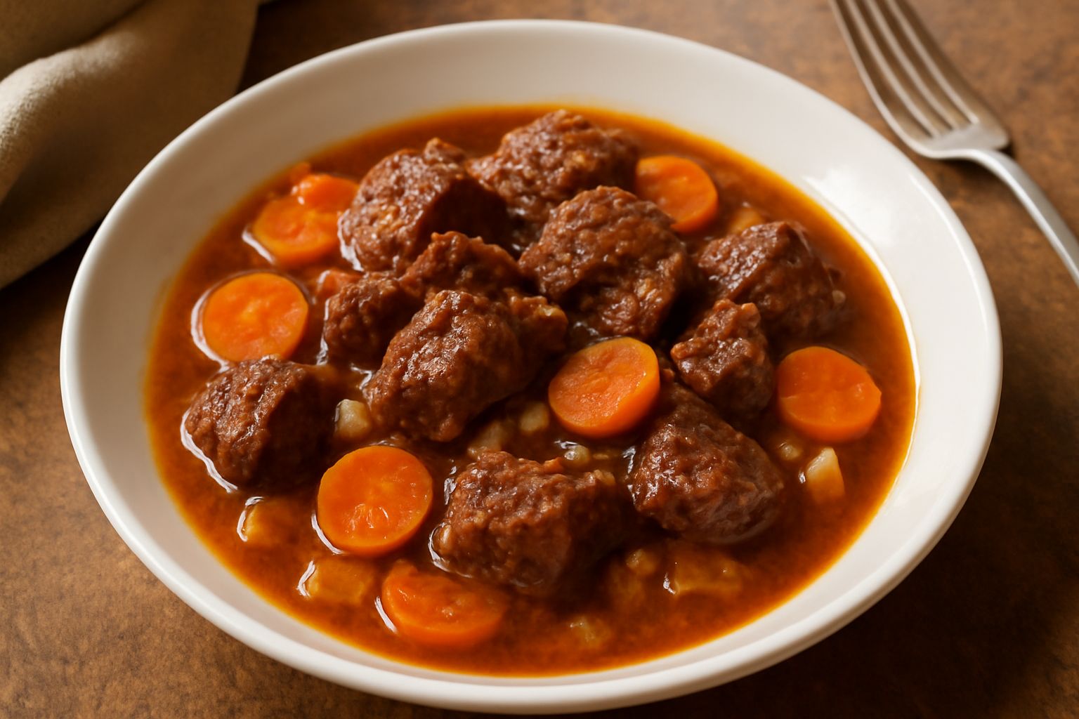 Pecora in umido in piatto fondo di ceramica: pezzi di carne marrone rosso in sugo scuro, contornata da carote arancioni tagliate a rondelle, cipolle trasparenti, con prezzemolo fresco sopra e fette di