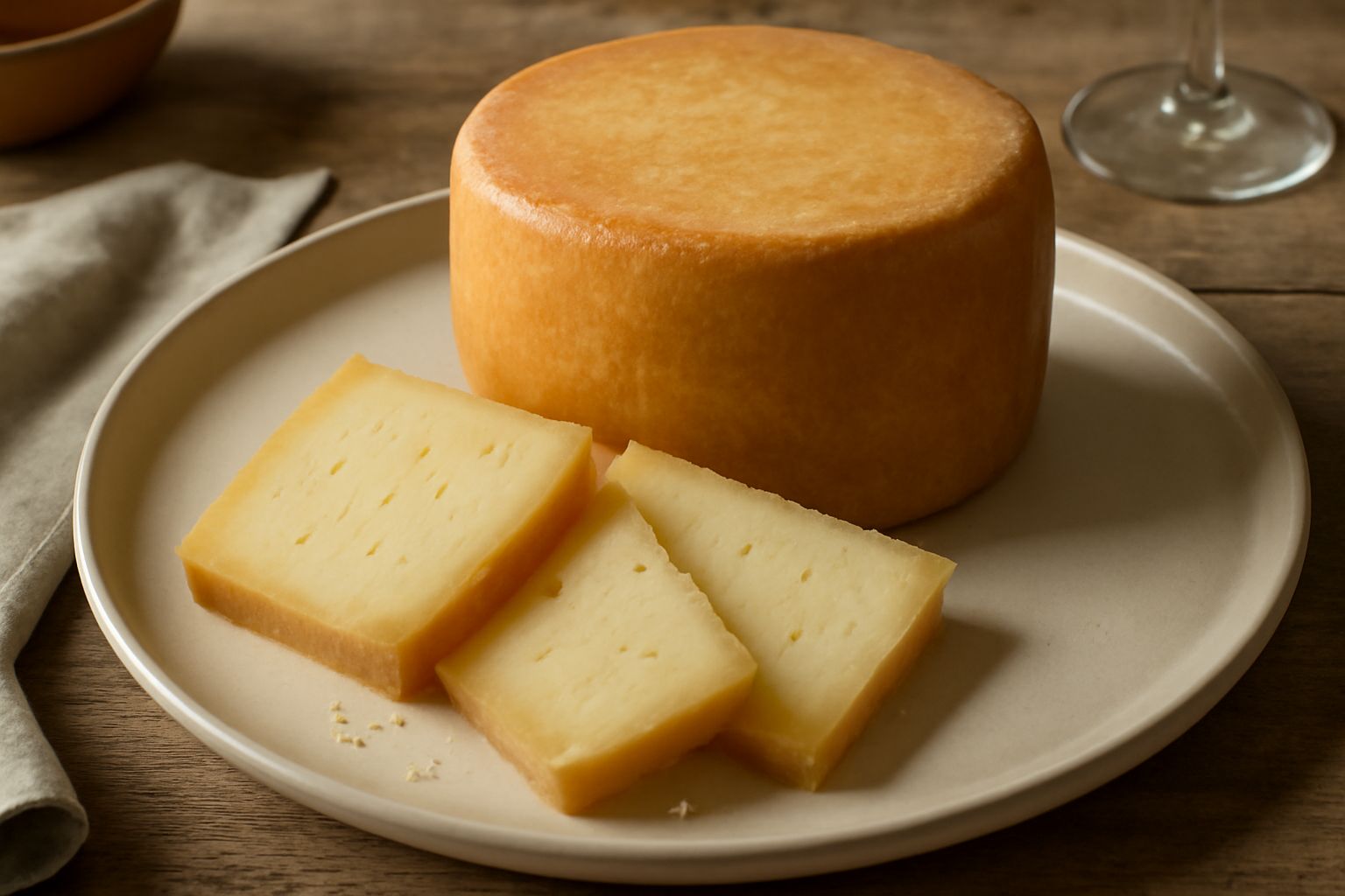 Pezzo di pecorino giallo paglierino affettato, appoggiato su un piatto bianco con miele dorato, noci e pane tostato ai lati