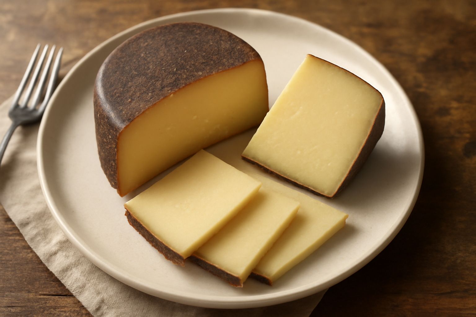 Pecorino di Atri intero a forma cilindrica con crosta marrone-brunastra, affettato in tre fette su un piano di legno chiaro, con spighe di grano dorato accanto e un calice di vino rosso sfuocato