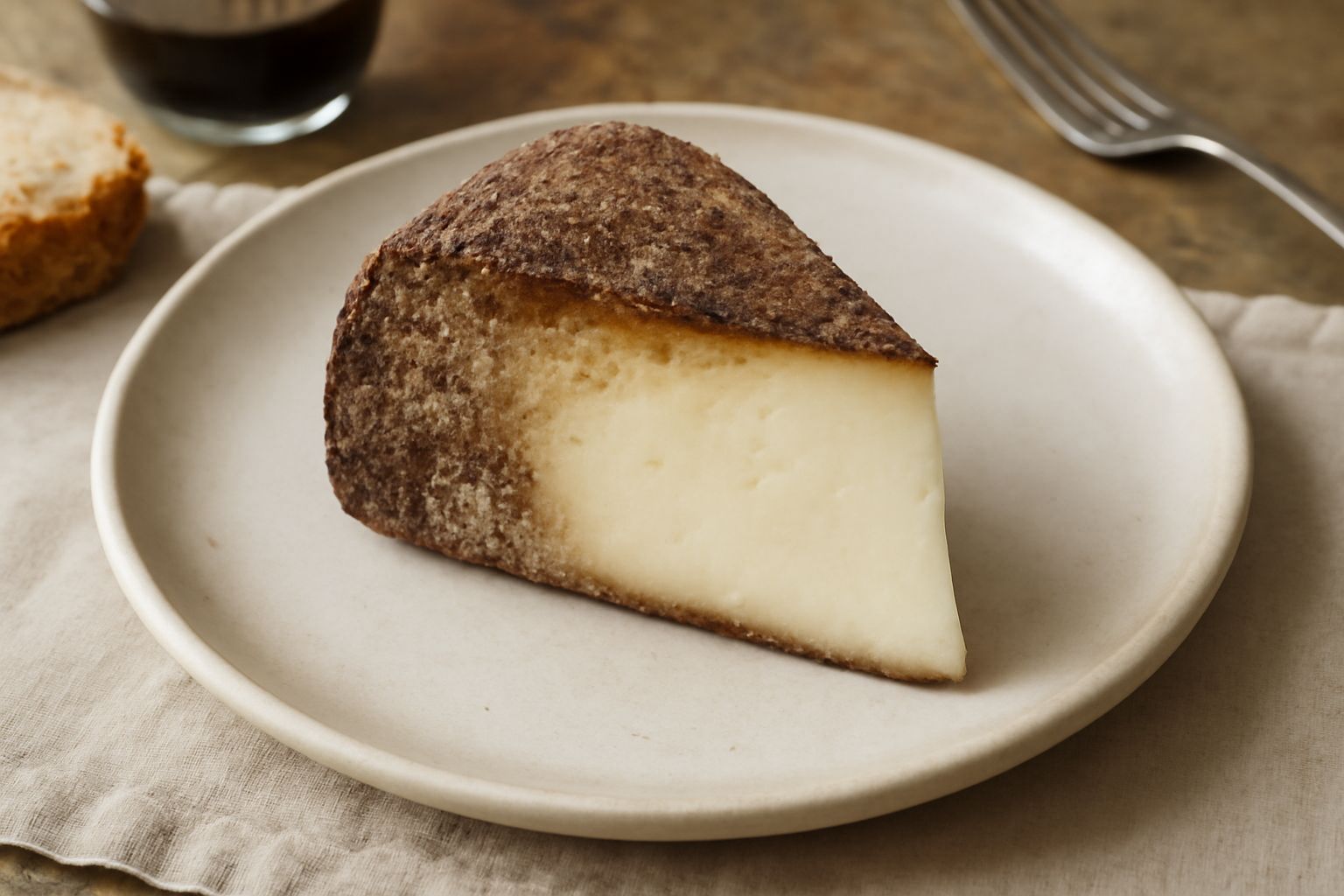 Un cuneo di pecorino di fossa con crosta marrone scuro su un piatto di legno, accanto a fette di pane toscano e una ciotola di miele trasparente, con un coltello da formaggio d'argento