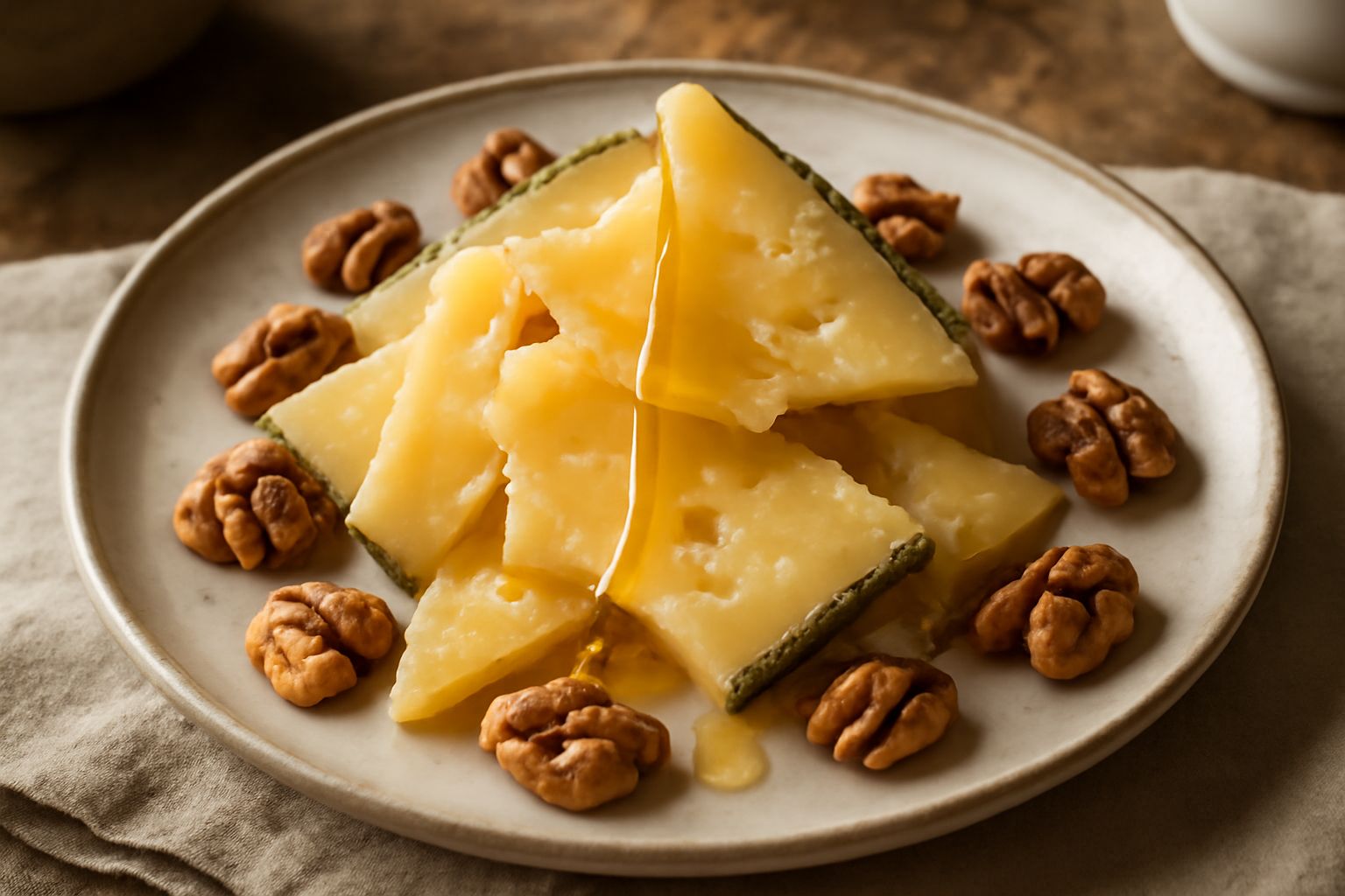 Pecorino di Norcia affettato su un tagliere di legno con spicchi di mela verde, noci sgusciate e miele in un piccolo piattino, su fondo bianco con luce naturale