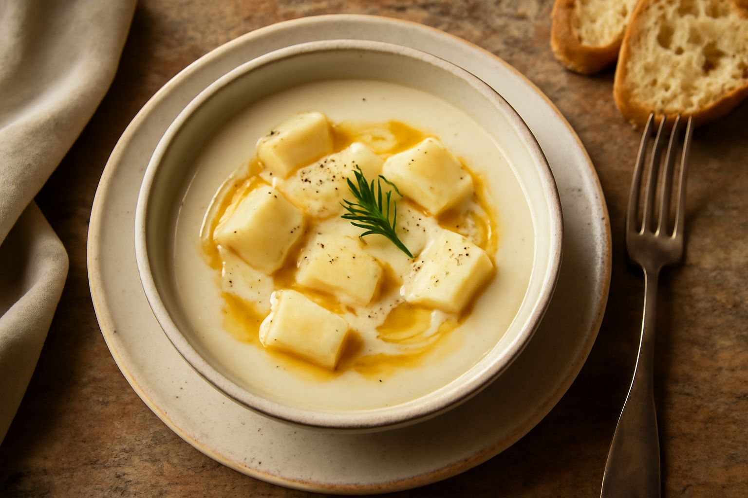 Pecorino di Pienza grattugiato in una ciotola bianca con un filo di miele dorato e una fetta di pane tostato accanto, su sfondo di legno scuro