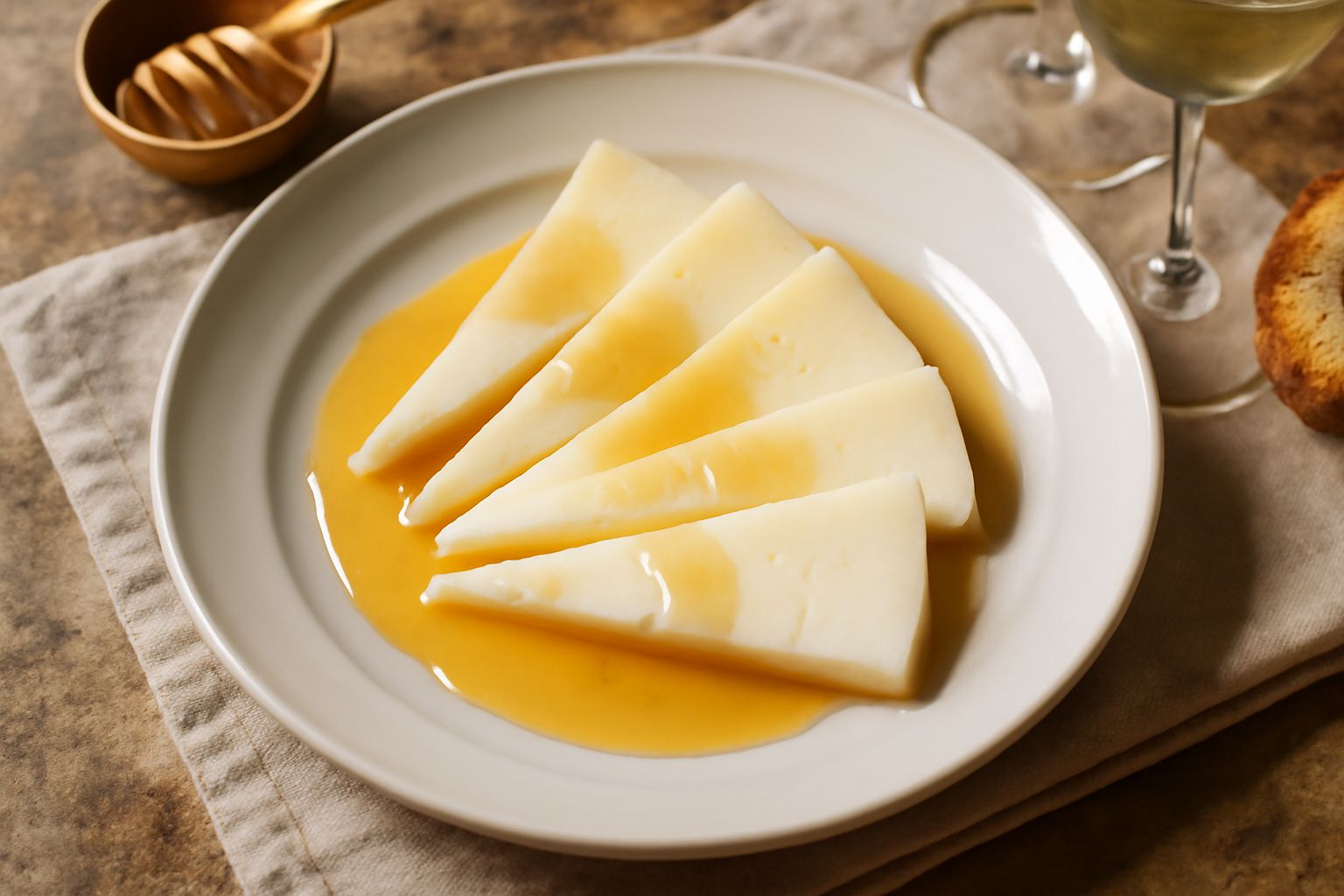 Piatto bianco con cubetti di pecorino fresco bianco latte, filo di miele ambrato che drizza verso l'alto, qualche goccia ancora fresca, sfondo grigio neutro