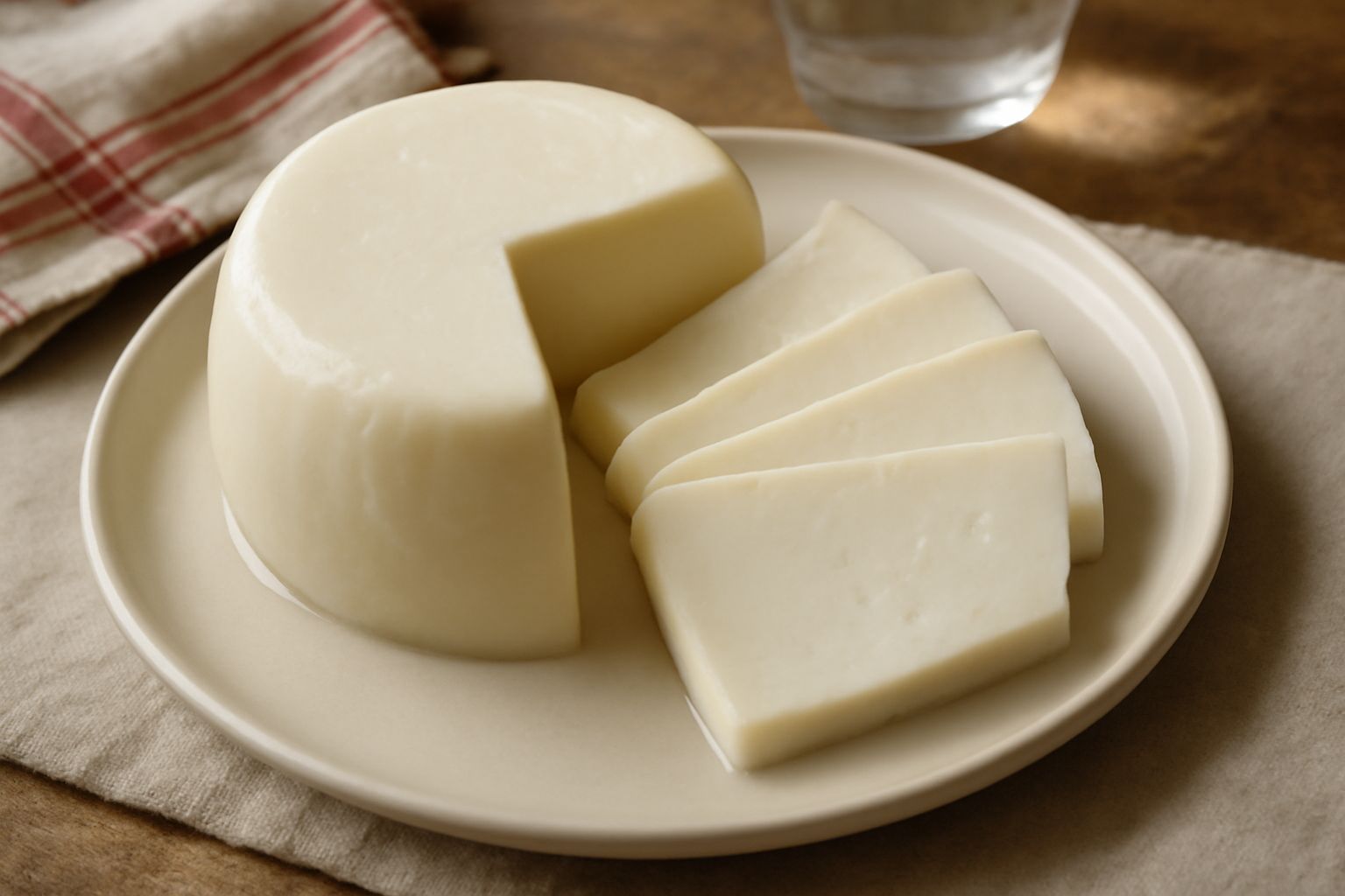 Pecorino fresco bianco panna, a fette spesse, in un piatto ceramica con pane tostato croccante accanto, un filo d'olio d'oliva versato sopra, basilico fresco al lato