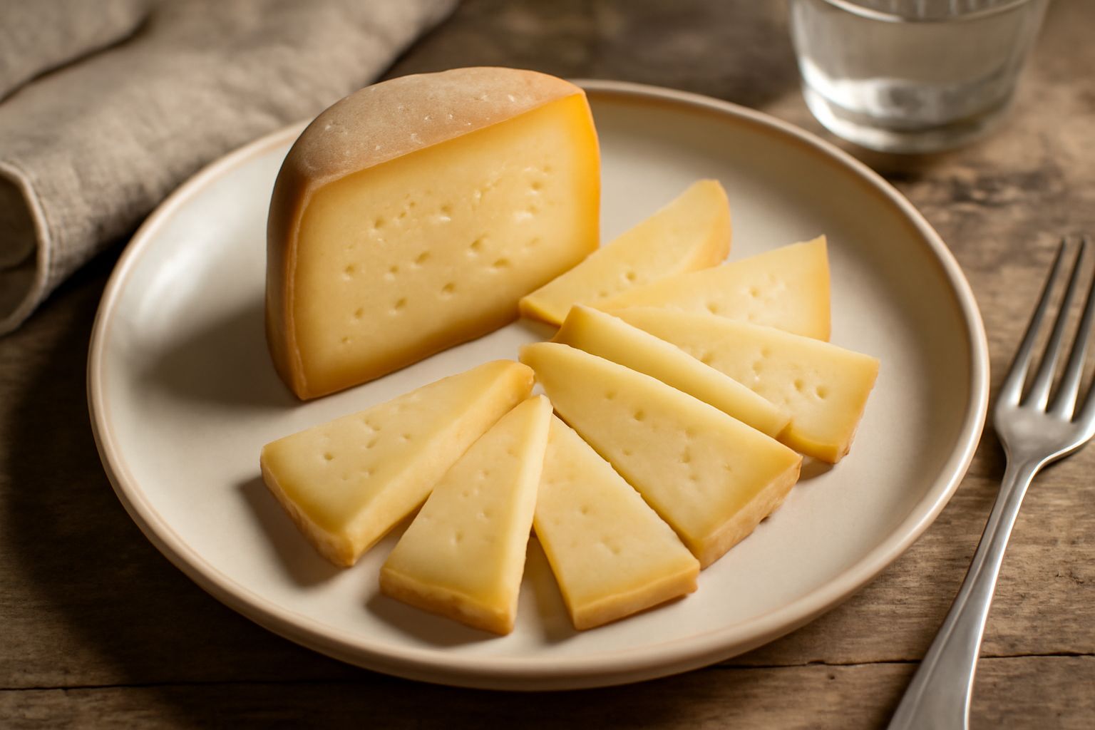 Wedge di Pecorino Marchigiano color giallo paglierino con pasta compatta e occhiature sparse, posato su un piatto bianco con una piccola forchetta da formaggio e fetta di pane nero