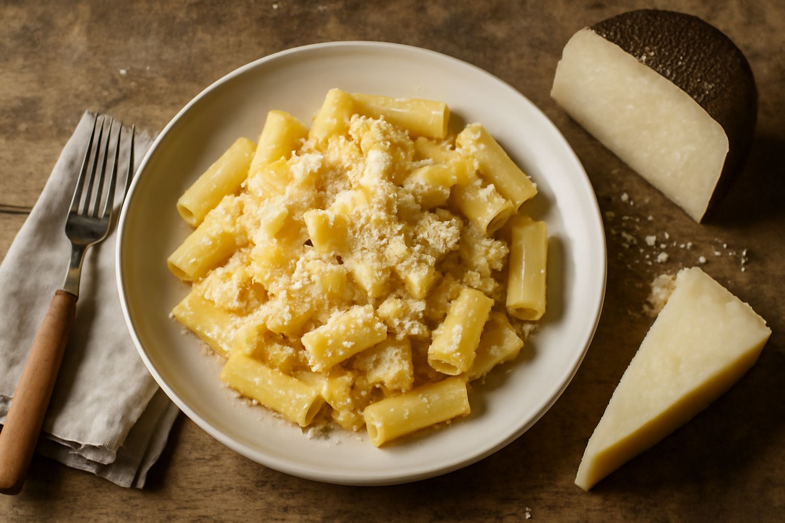 Cubo di pecorino stagionato color avorio con sfumature giallastre, appoggiato su un tagliere di legno accanto a pane casereccio tostato e miele scuro in una piccola ciotola
