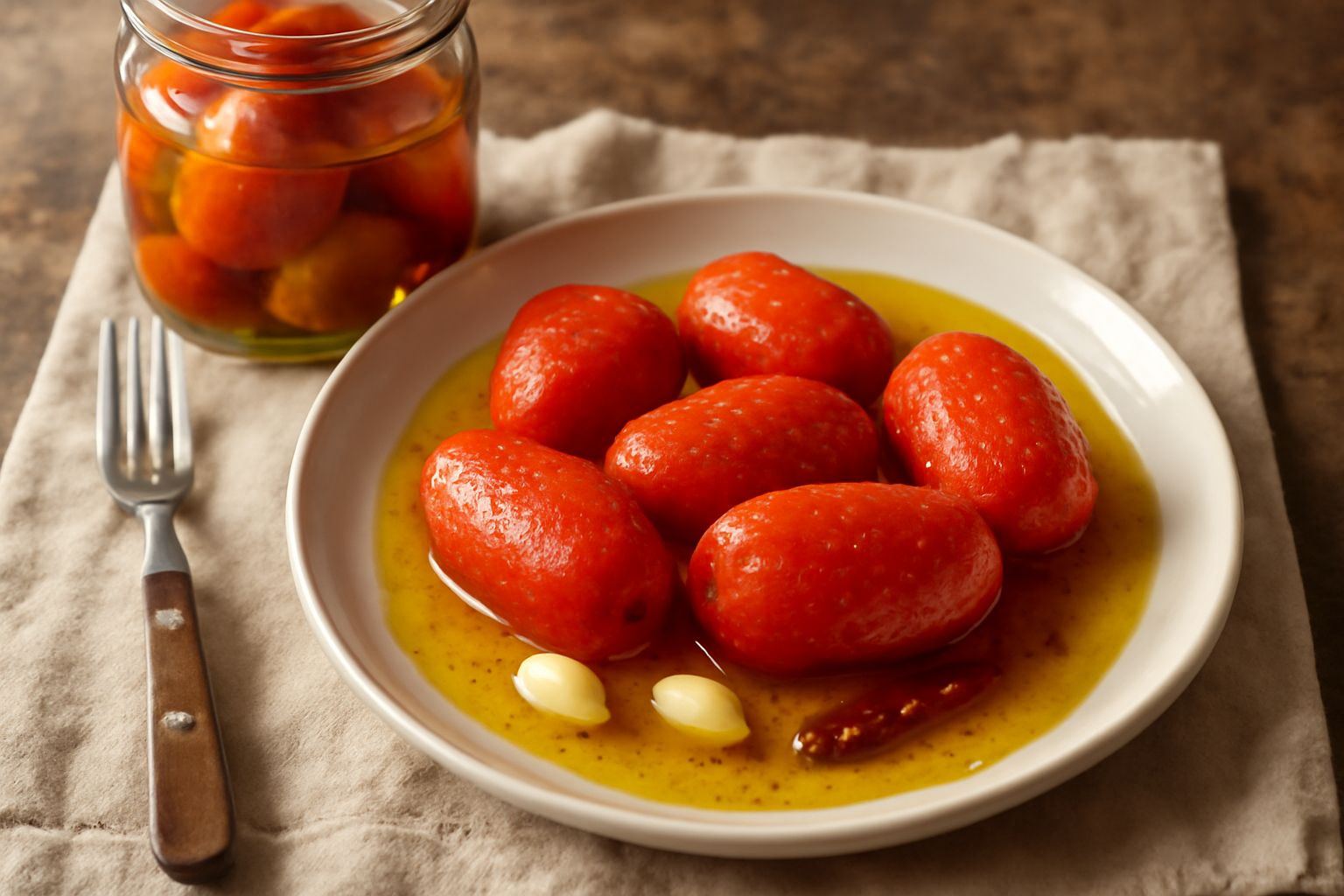Barattoli di vetro con pelati sott'olio, pomodori rossi interi circondati da olio trasparente, aglio e peperoncino rosso fresco sul fondo, etichette bianche, su un tavolo di legno naturale con un ramo