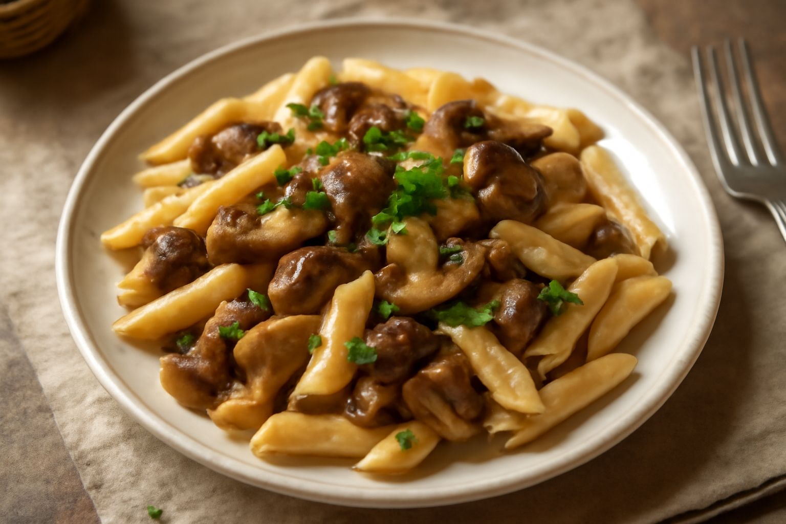 Piatto di ceramica bianca con penne ai funghi porcini, funghi visibili interi o a pezzi di colore marrone dorato, salsa marrone chiaro che riveste la pasta, prezzemolo fresco verde finemente tritato s