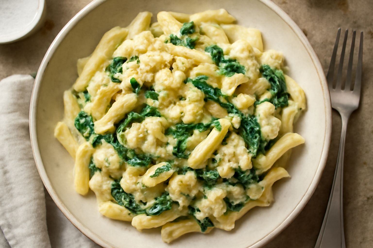 Penne al cavolo cavolfiore in piatto bianco: pasta rivestita di salsa color avorio con pezzetti di cavolfiore crema e cavolo verde, condite con olio d'oliva e pepe nero, guarnite con grana grattugiato