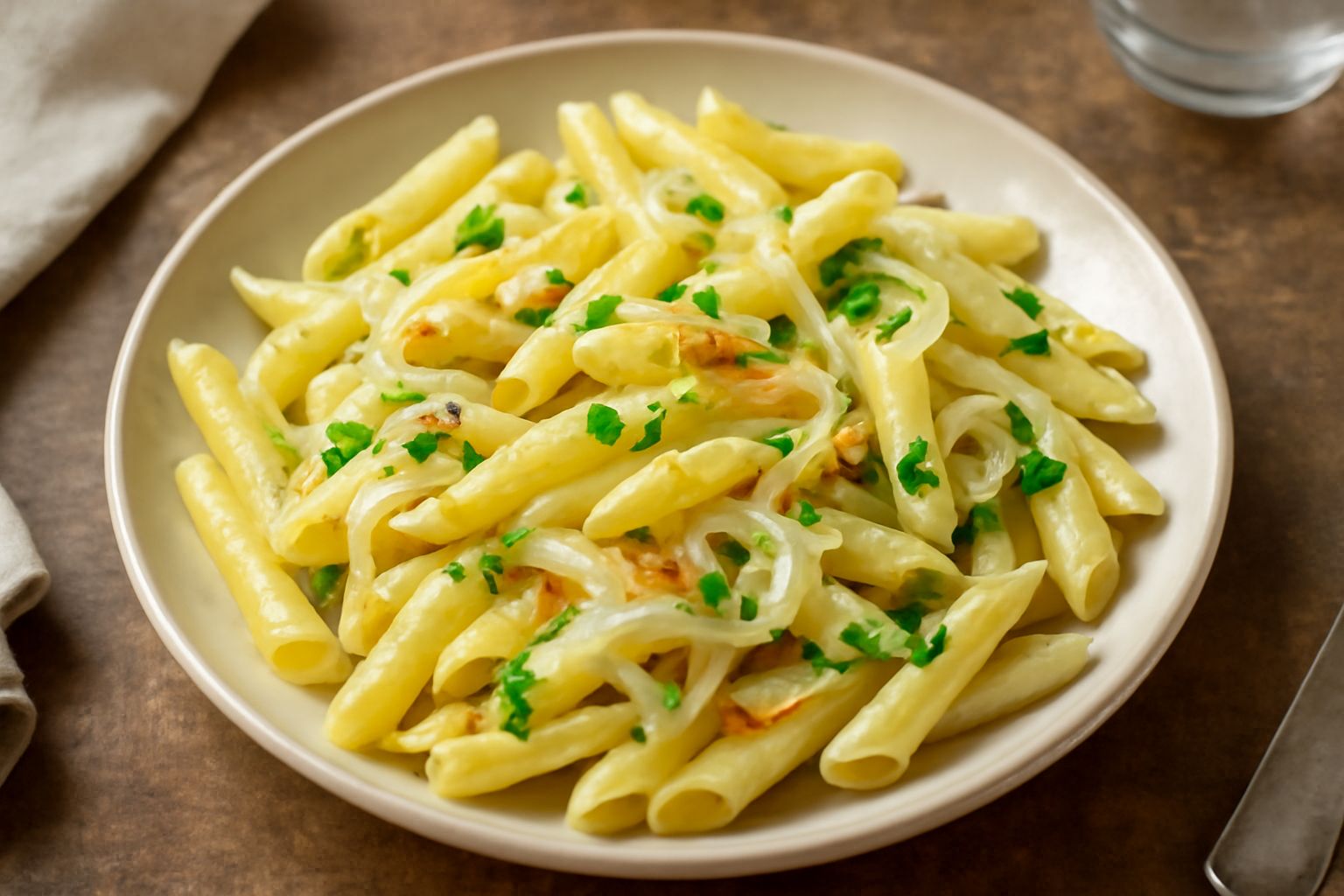 Penne al finocchio in un piatto bianco, pasta integrata con fette sottili di finocchio bianco, olio brillante, aglio soffritto e prezzemolo fresco sopra, sfondo neutro