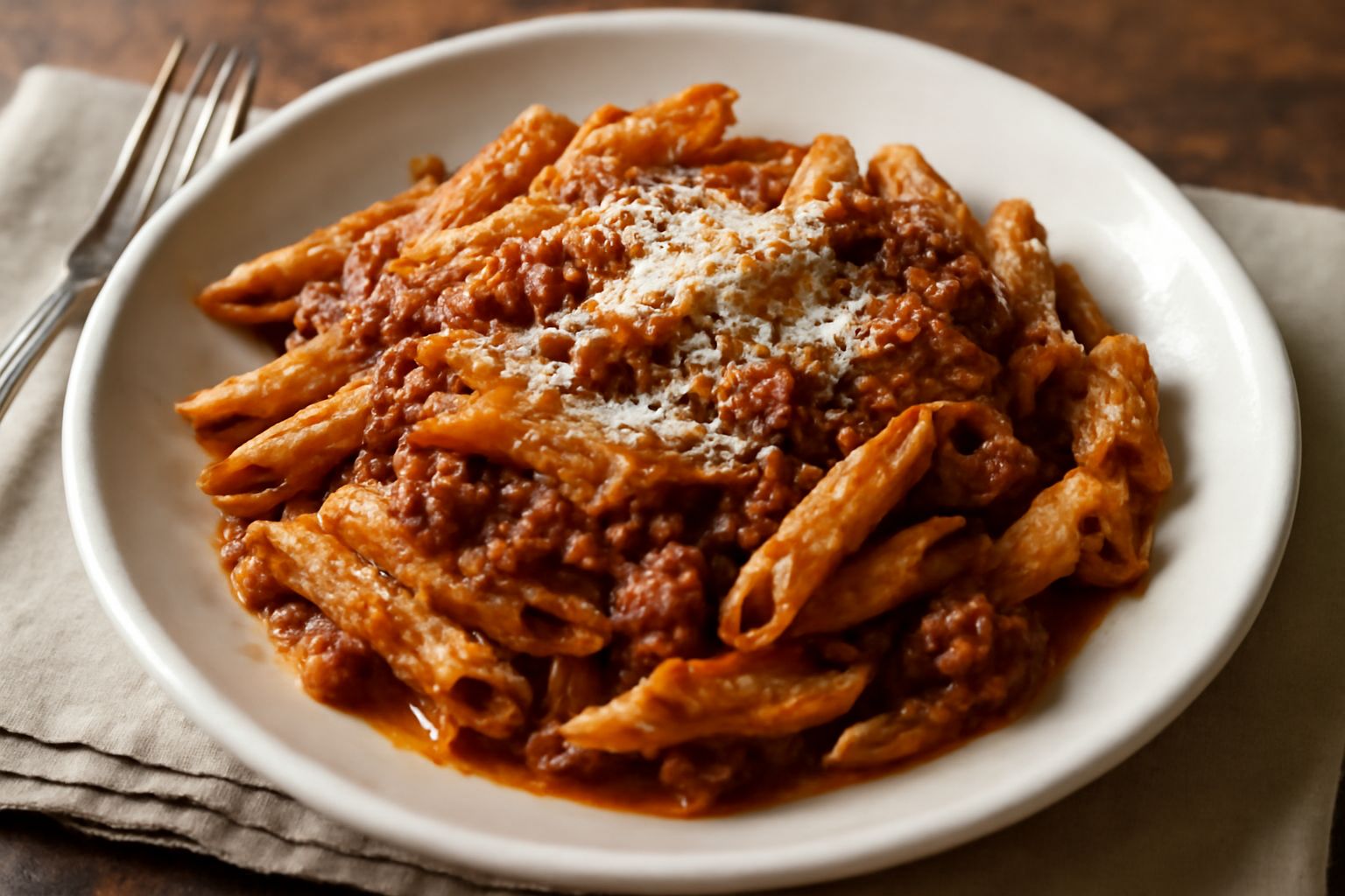 Penne al ragù in piatto bianco fondo, pasta rigatata ricoperta di ragù marrone scuro e aderente, grana padano grattugiato bianco in superficie, cucchiaio ai lati