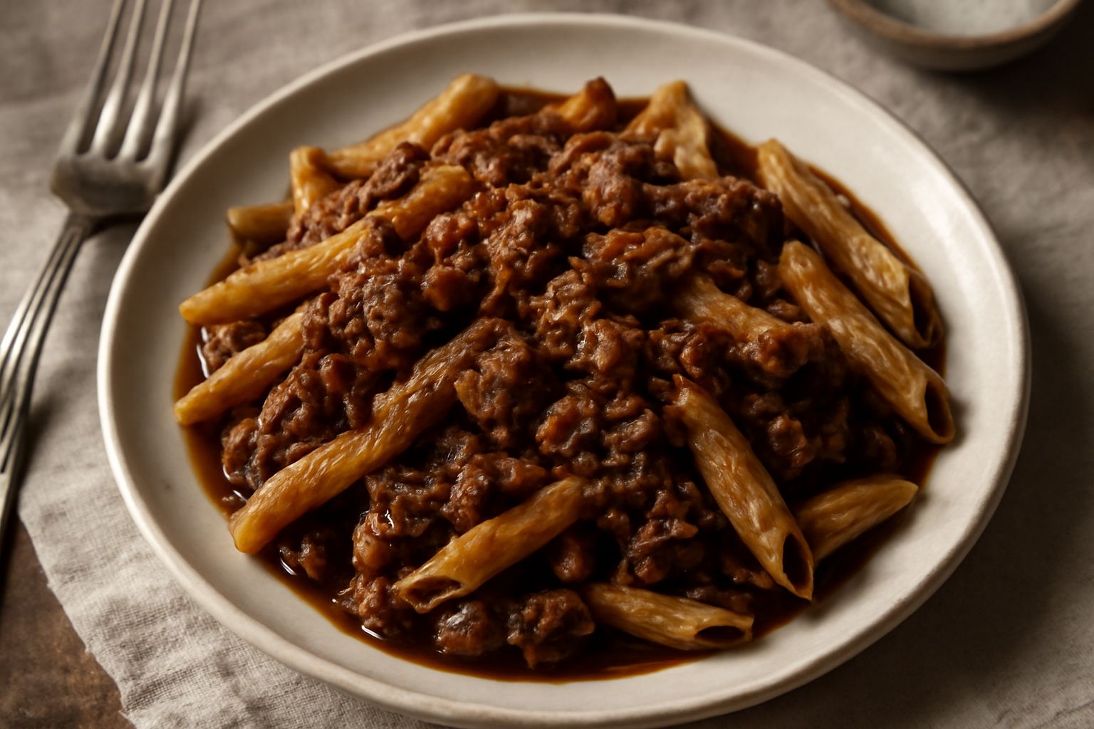 Un piatto di ceramica bianca con penne al ragù d'anatra: pasta rigatata ricoperta di sugo scuro e unctuous con piccoli pezzi di carne d'anatra visibili, grattugiata di parmigiano giallo, servito con c