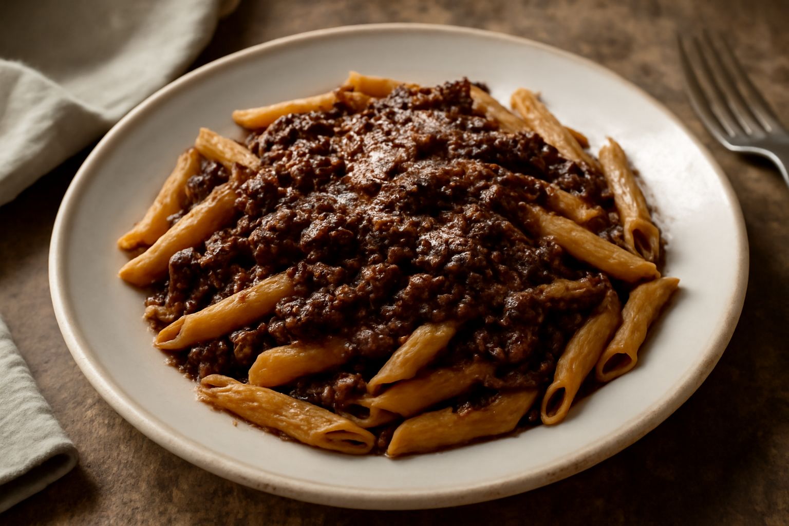 Piatto di penne rigate ricoperte di ragù scuro e denso di lepre, condite con parmigiano grattugiato e foglie di prezzemolo fresco, su un piatto bianco rotondo