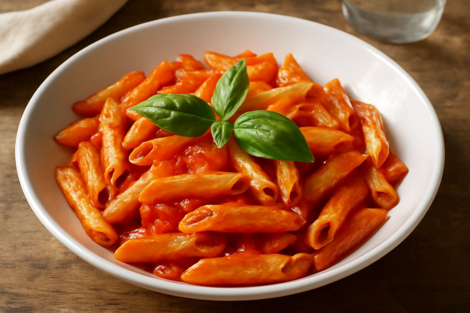 Piatto di penne condite con sugo di pomodoro rosso vivo, guarnite con basilico fresco verde, parmigiano grattugiato bianco e filo di olio d'oliva, servite in un piatto bianco fondo.
