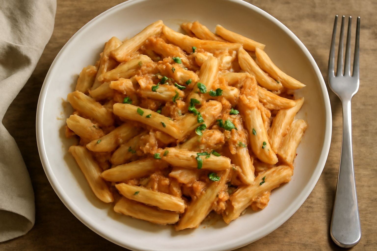 Un piatto di penne al tonno servito in ceramica bianca: pasta penne color giallo-crema, condimento rosato con pezzetti di tonno visibili, guarnito con prezzemolo verde fresco tritato, filo di olio ext