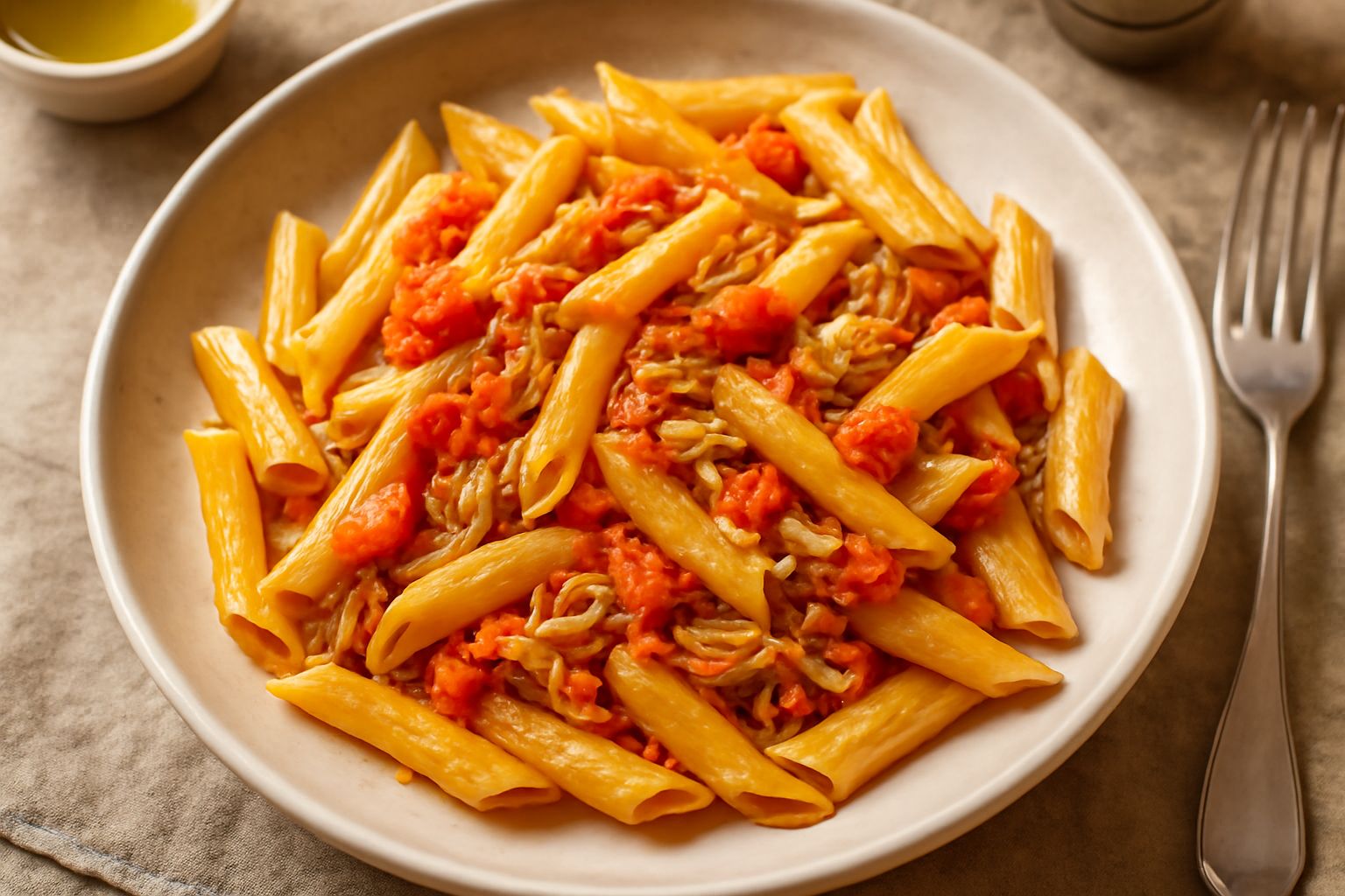 Piatto di penne al tonno e pomodori con pasta gialla, frammenti di tonno rosato, pomodori rossi tagliati, foglia di prezzemolo fresco, impiattato in bianco.