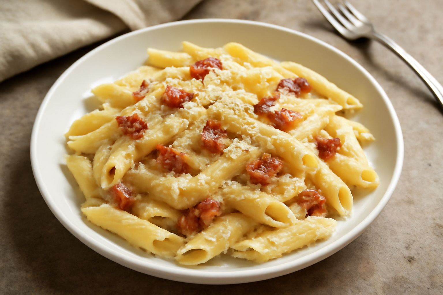 Piatto di penne alla carbonara con salsa cremosa bianca, guanciale dorato a dadini, pecorino grattugiato sulla superficie, pepe nero macinato grossolano visibile, servite in un piatto bianco fondo