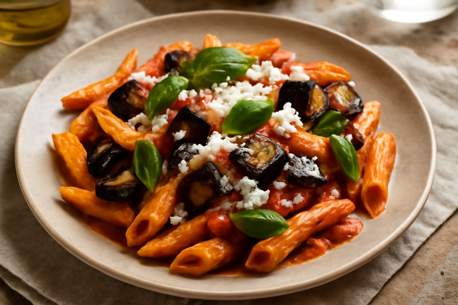Un piatto di ceramica bianca con penne alla Norma: pasta gialla mischiata a melanzane viola scuro croccanti, salsa rossa di pomodoro, riccia salata bianca grattugiata in superficie e foglie di basilic