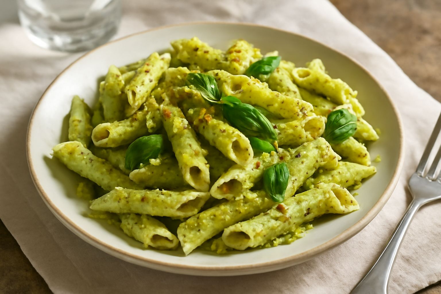 Penne alla trapanese servite in piatto bianco, ricoperte di salsa verde brillante con pistacchio macinato visibile, guarnite con foglie di basilico fresco e scaglie di pecorino, su tavolo di legno con