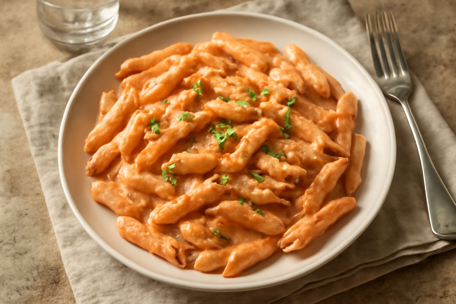 Piatto bianco con penne alla vodka, salsa rosa cremosa che riveste la pasta, decorata con foglie fresche di prezzemolo e basilico, con formaggio grattugiato, visto da sopra in luce naturale