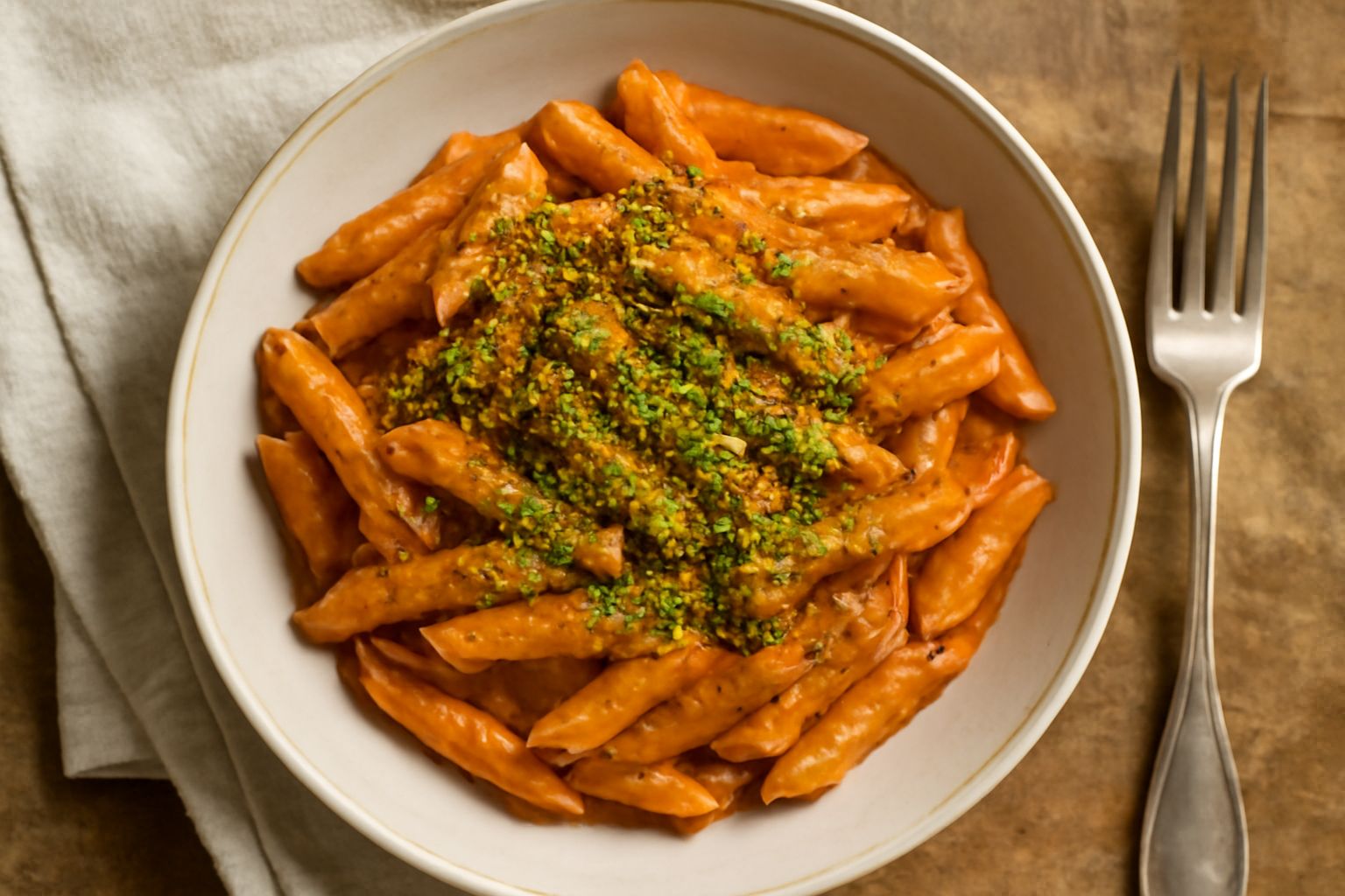 Penne cremose e lucide condite con sugo rosso, panna bianca, granuli verdi di pistacchio macinato, foglia di basilico fresco e grana grattugiato sul piatto bianco