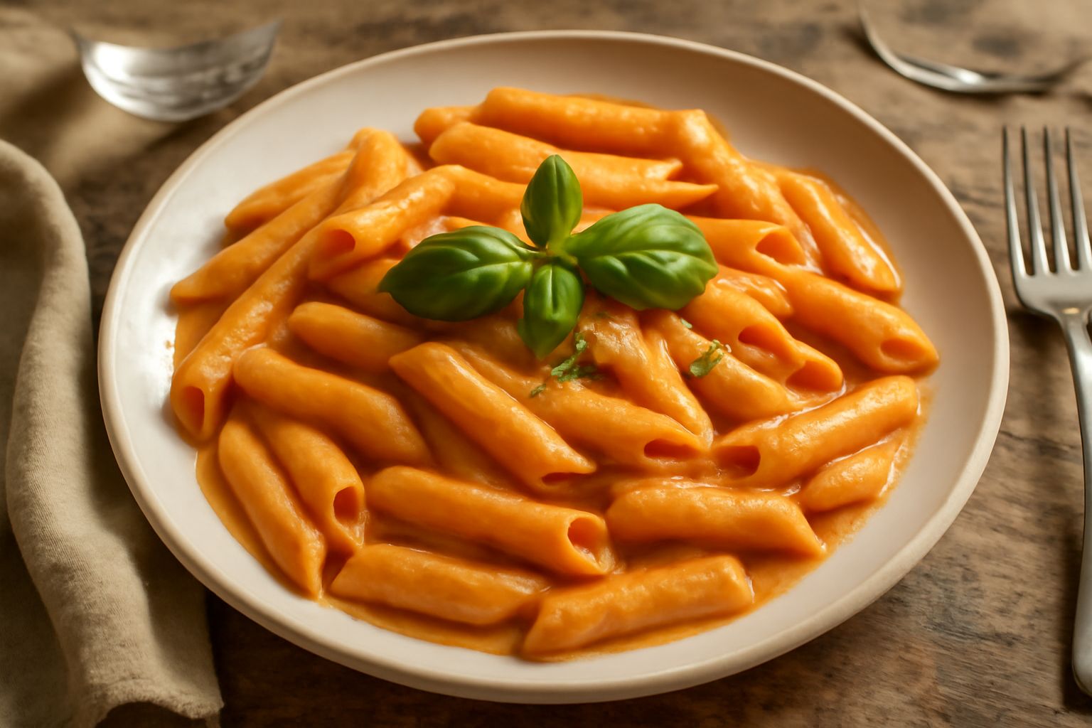 Piatto bianco con penne alla vodka campana, salsa rosata cremosa, foglia di basilico fresco, parmigiano grattugiato sparso, filo di olio verde in superficie