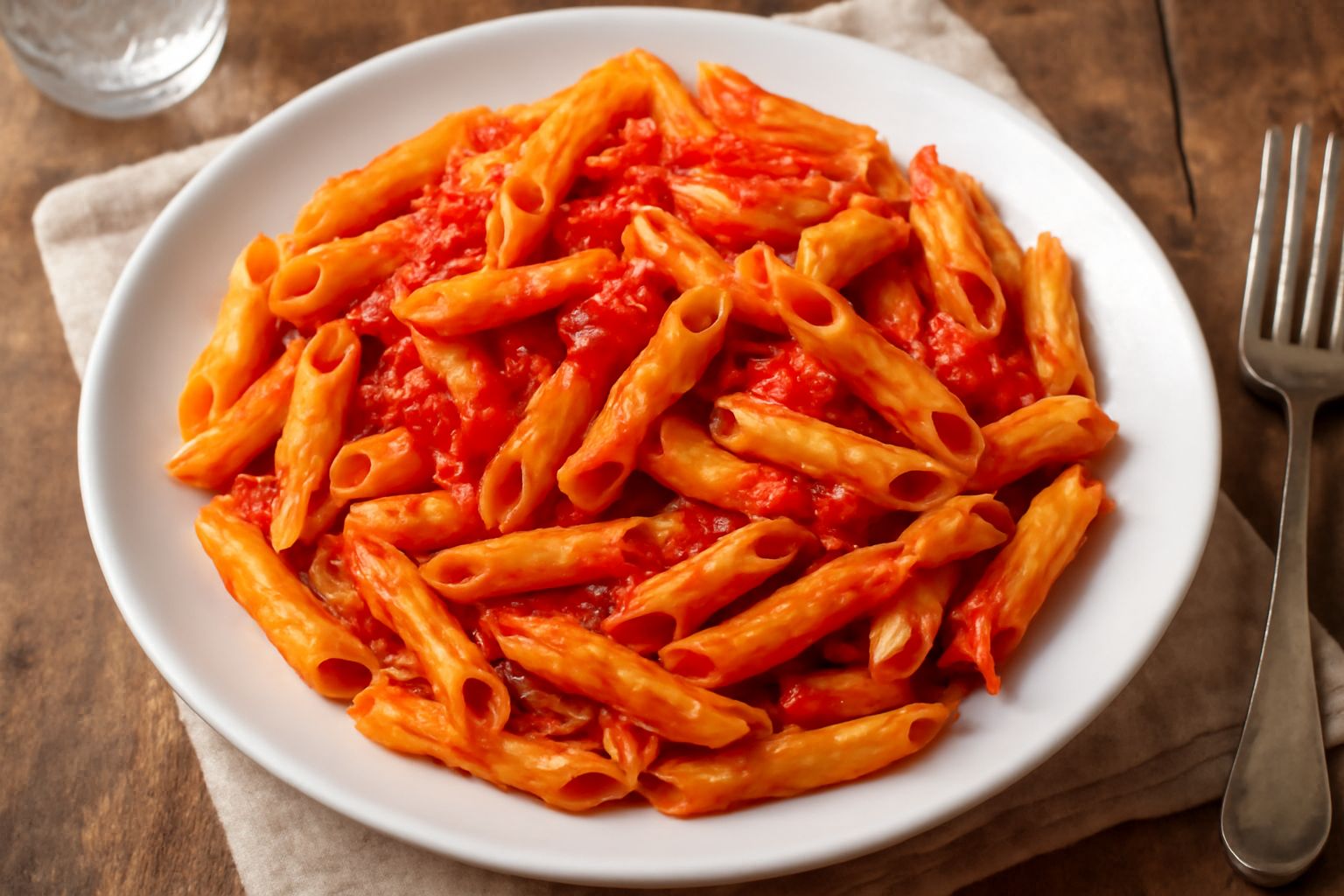 Piatto di penne all'abruzzese con sugo di pomodoro rosso brillante, peperoncini rossi piccanti sparsi, aglio dorato, prezzemolo verde fresco e olio che luccica in superficie