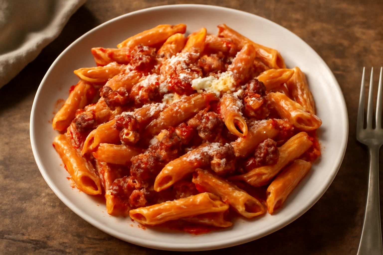 Piatto di penne all'amatriciana con salsa rossa densa, cubetti di guanciale croccante dorato, cosparso di pecorino romano grattugiato, peperoncino rosso visibile, servito in piatto bianco.