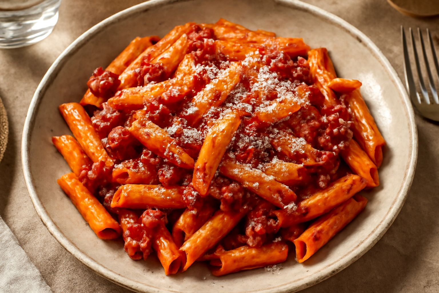 Piatto di penne all'amatriciana abruzzese con sugo rosso a base di pomodoro, guanciale croccante visibile, pecorino romano grattugiato sopra, servite in piatto bianco
