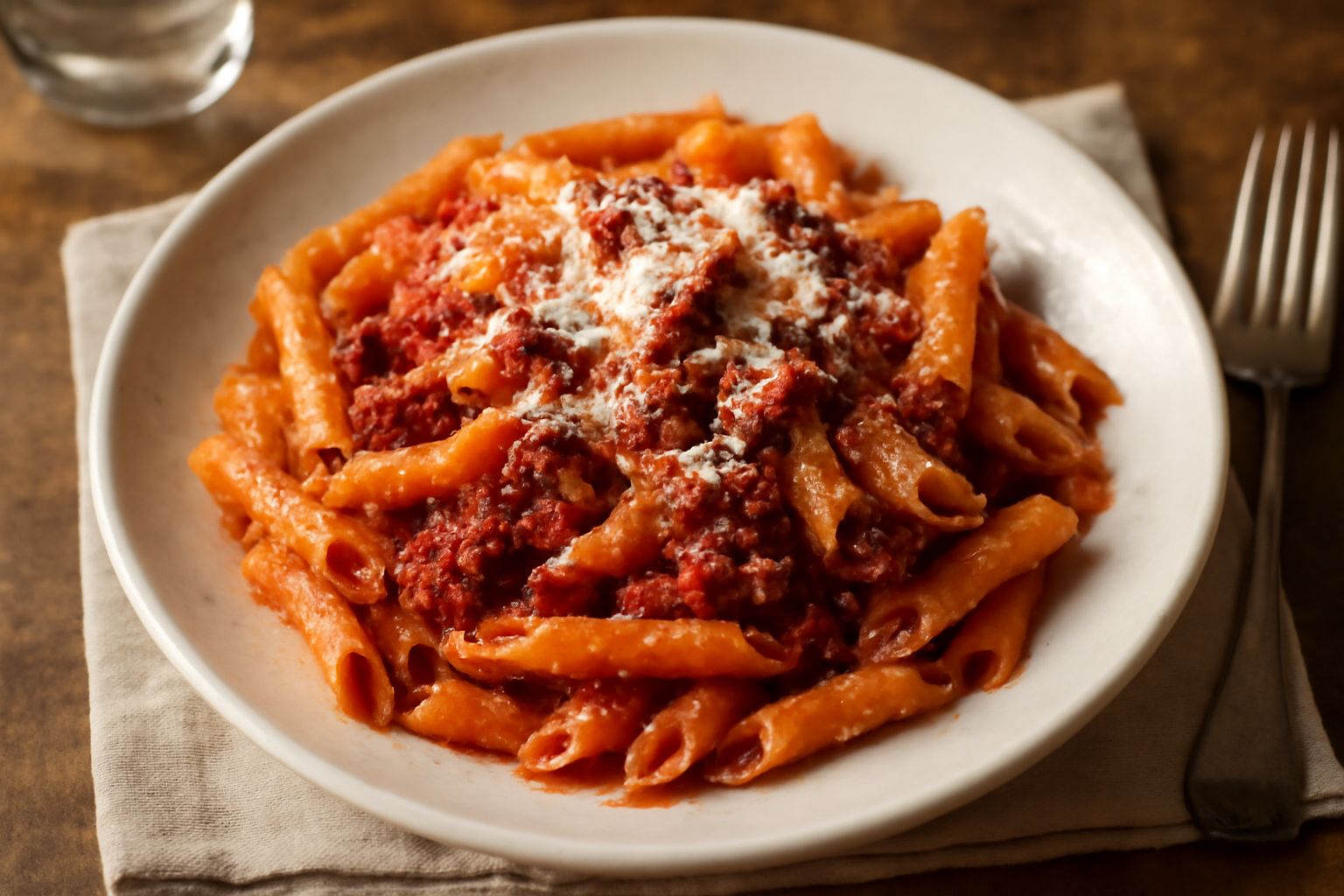 Penne all'amatriciana reggiana in ciotola bianca: pasta coperta da ragù rosso con pezzetti di guanciale caramellato, spolverata di pecorino romano grattugiato, pepe nero visibile, servita su tavolo di