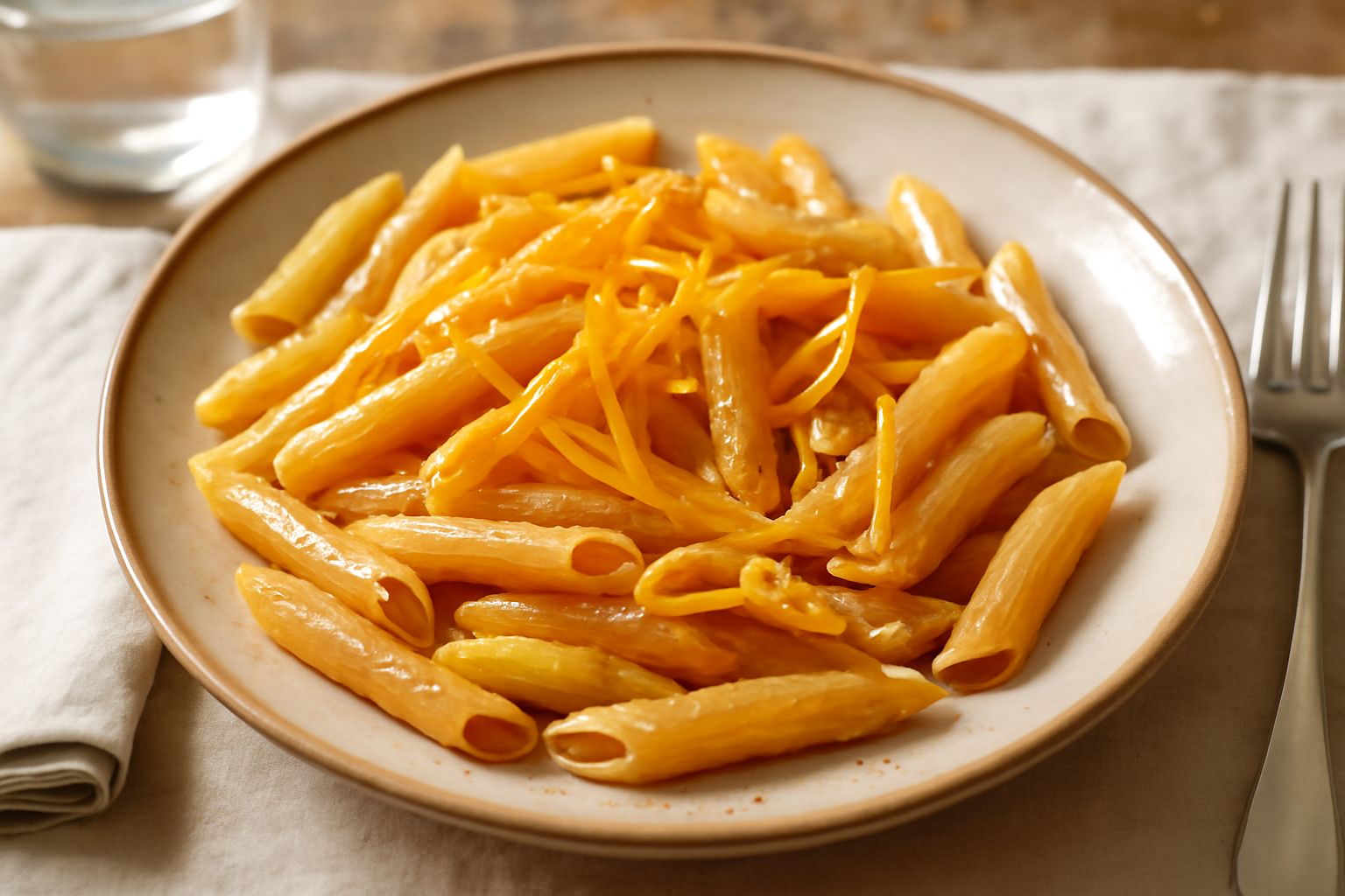 Piatto bianco con penne rivestite di salsa all'arancia color ambra, guarnite con sottili strisce di scorza d'arancia e una spolverata di peperoncino rosso, accompagnate da foglie di prezzemolo fresco