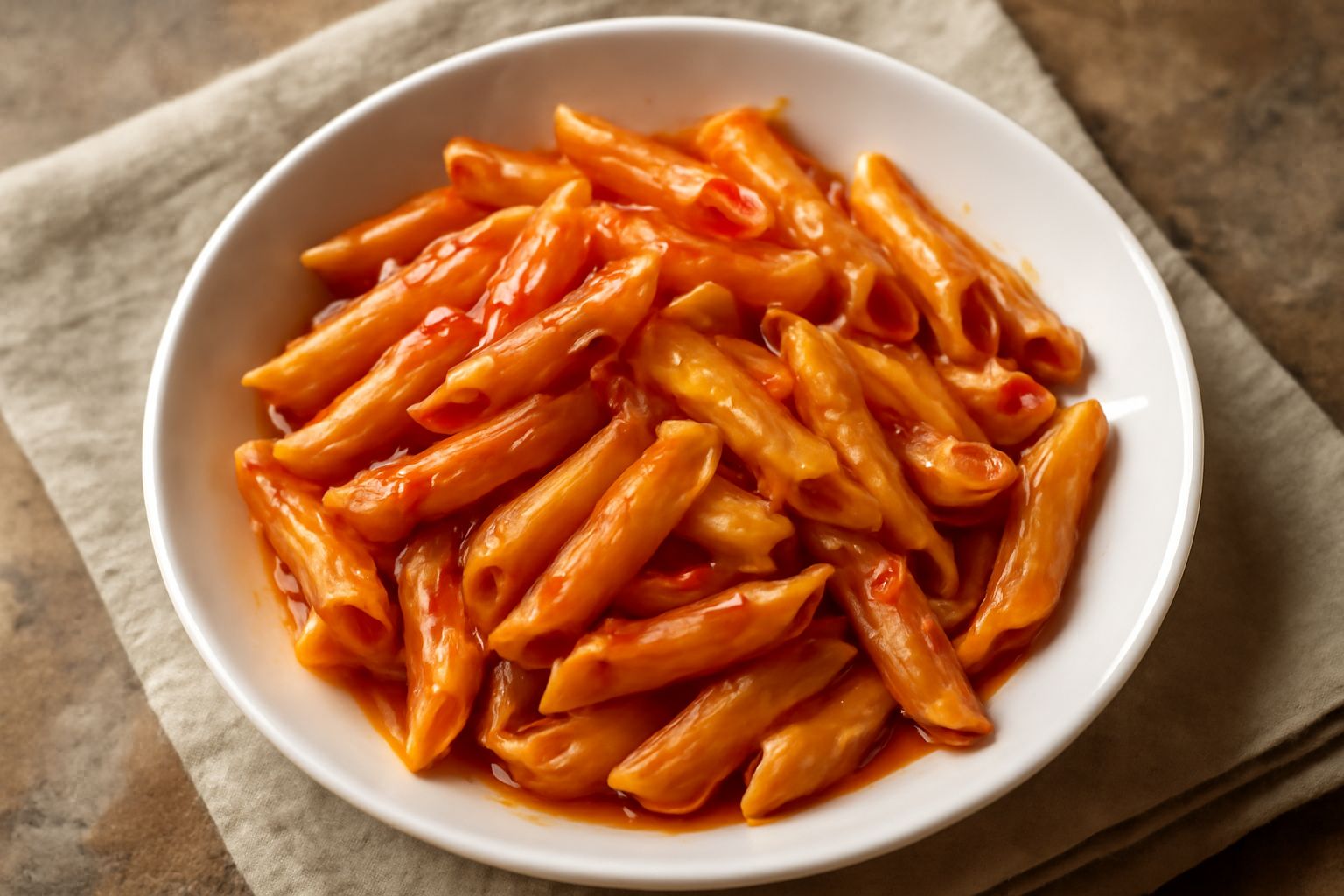 Piatto di penne all'arrabbiata con salsa rossa vivace, pomodori spezzati, peperoncino visibile, aglio rosolato dorato, penne al dente, olio extravergine di oliva lucido, servito in piatto bianco profo
