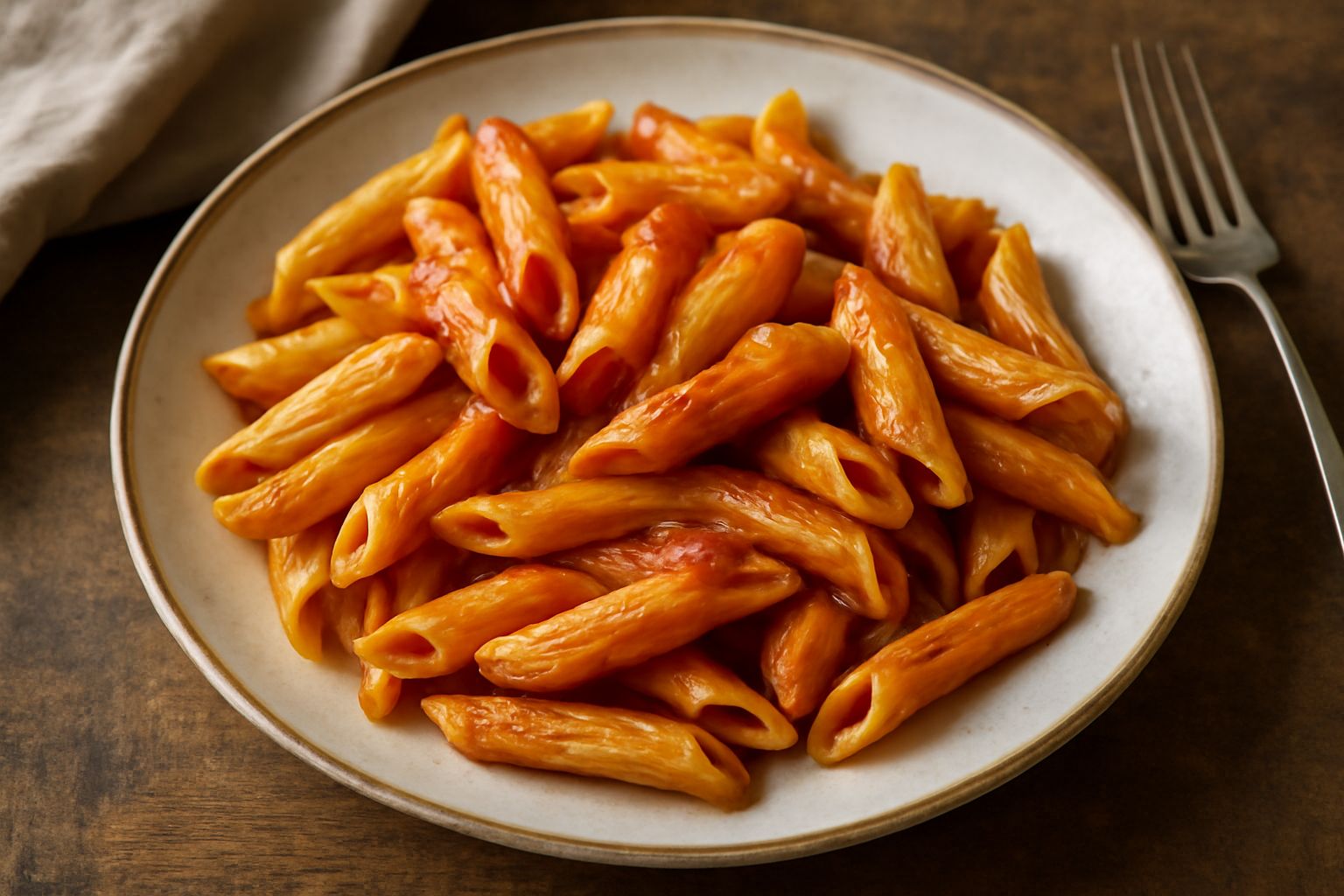 Piatto di penne rigate al dente, pasta color ambra con righe marcate, condite con salsa rossa pomodoro e basilico fresco, servite in piatto bianco