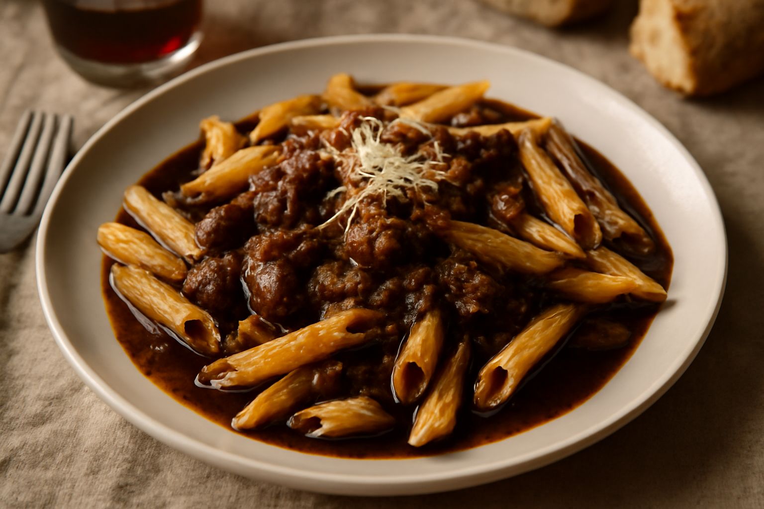 Piatto di penne rigate coperte da sugo scuro con pezzi visibili di carne di cinghiale, guarnito con pecorino grattugiato e prezzemolo fresco, su piatto bianco