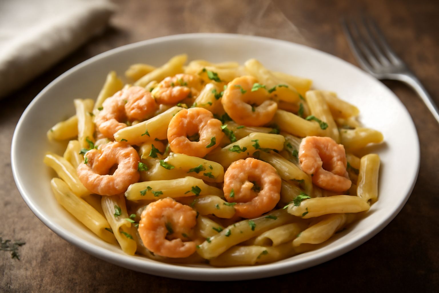 Piatto bianco con pennette ai gamberetti: pasta rosa pallido, gamberi rosa intenso sparsi in superficie, prezzemolo verde fresco, gocce di olio extravergine, limone a fette sullo sfondo