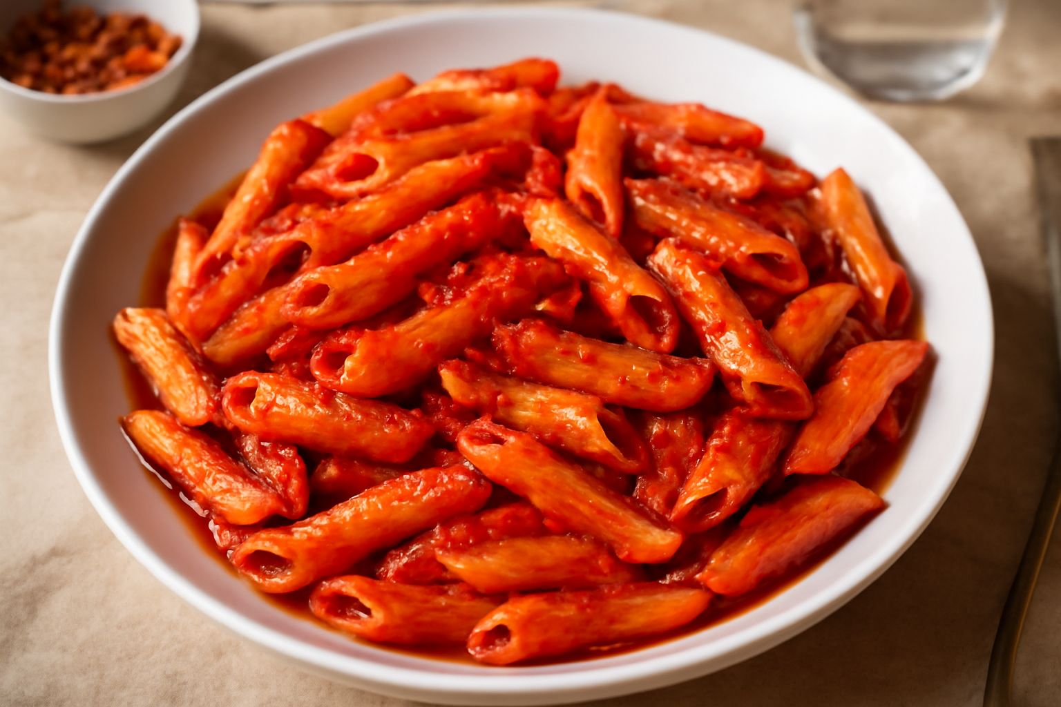 Pennette rosse di pomodoro servite in piatto bianco, condite con olio, peperoncino rosso tritato visibile in superficie, guarnizione di prezzemolo fresco