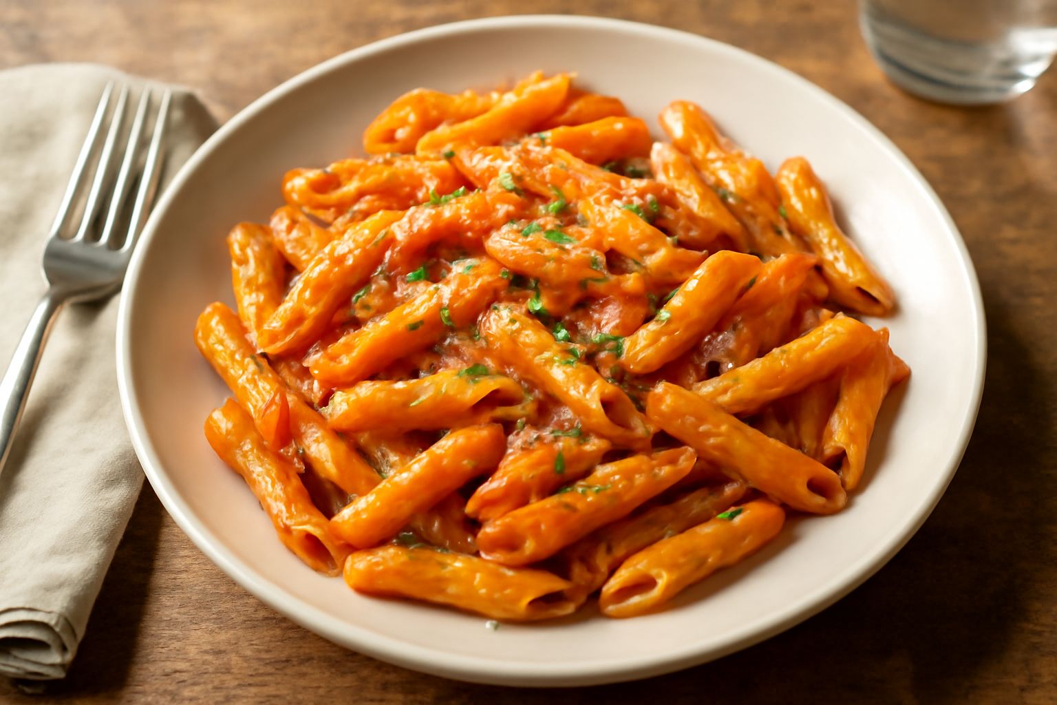 Pentola con pennette rigate al dente in un piatto bianco, condite con sugo rosso, formaggio grattugiato e prezzemolo fresco, vapore ancora visibile
