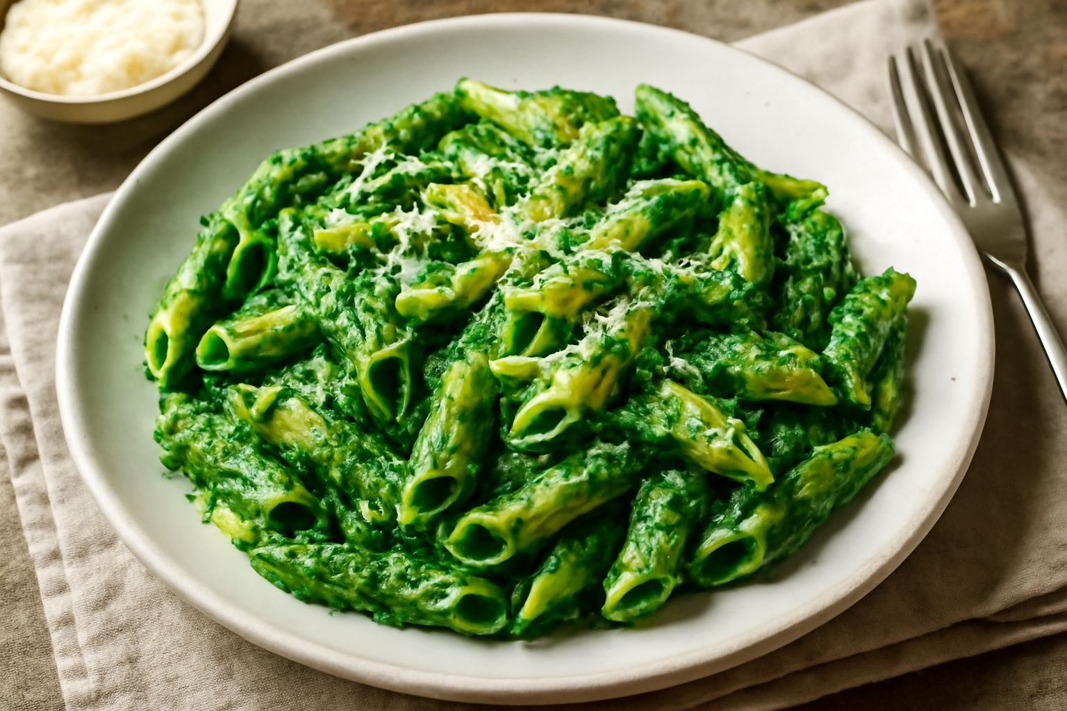 Pennette rigate in un piatto bianco ricoperte di salsa verde cremosa agli spinaci, guarnite con scaglie di parmigiano e una macinata di pepe nero, su fondo di legno naturale