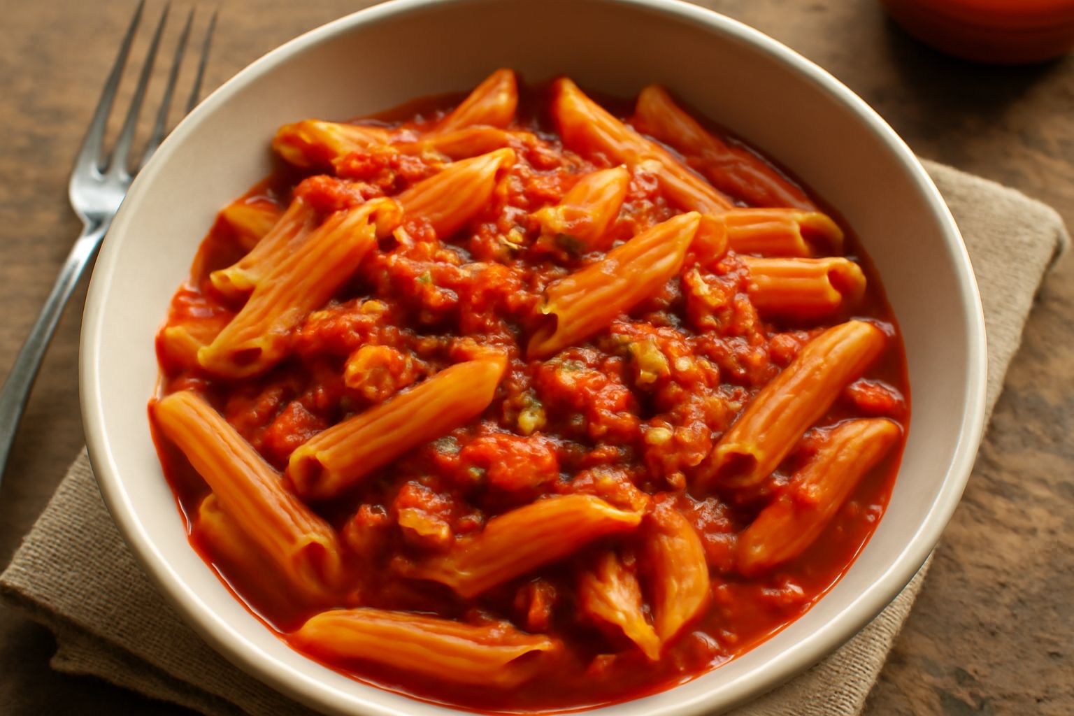 Piatto bianco con pennette rigate condite di ragù rosso intenso di triglie, guarnito con prezzemolo fresco e filo d'olio verde, sfumature dorate della pasta al dente