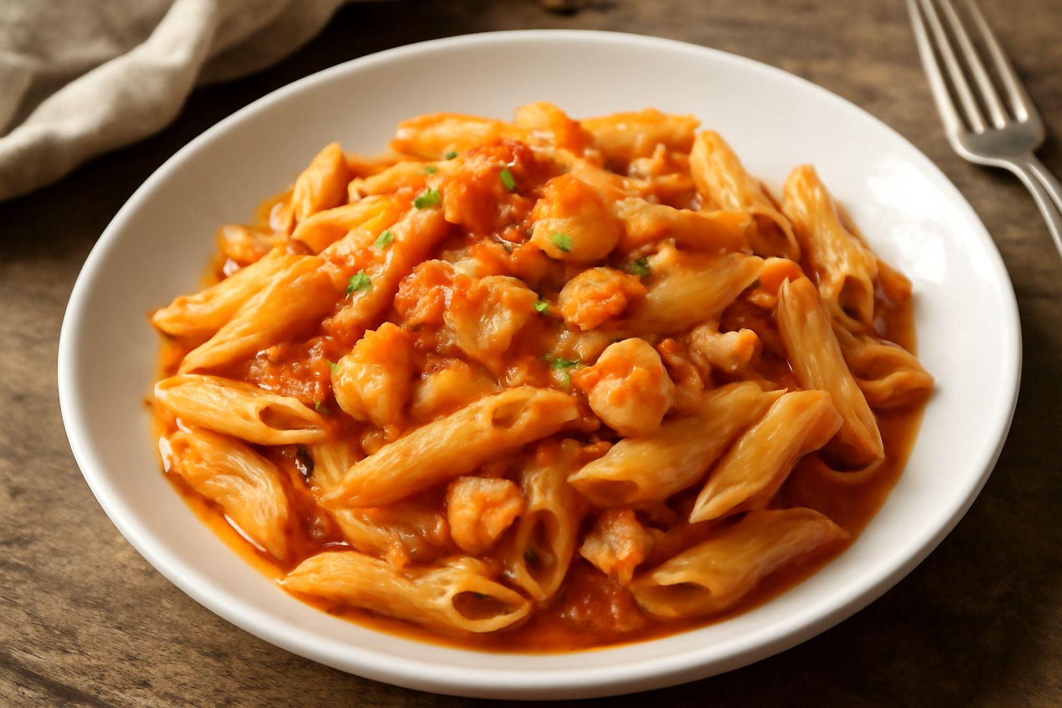Piatto di ceramica bianca con pennette rigate ricoperte di sugo di pesce rosso, pesce bianco sbriciolato visibile, prezzemolo verde fresco, gocce di olio d'oliva, servito su tavola di legno naturale