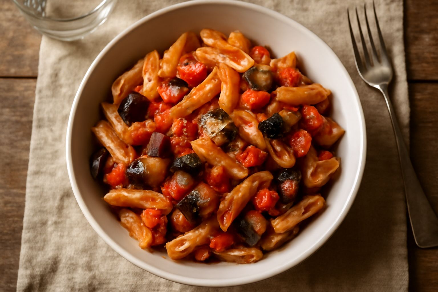 Un piatto di ceramica bianca con pennette rigate condite con melanzane viola scure e dadi di pomodoro rosso, finito con basilico verde e filo di olio extravergine