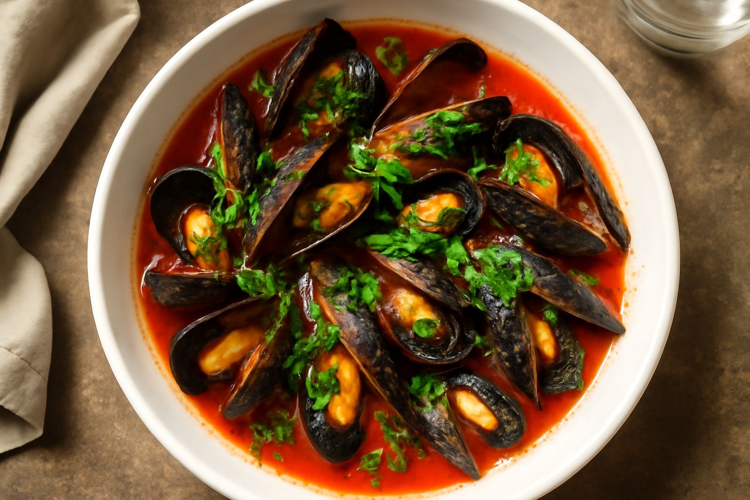 Peoci aperti in un piatto fondo di ceramica bianca, immersi in brodo rosso di pomodoro, garniti con prezzemolo verde fresco, pane tostato ai lati