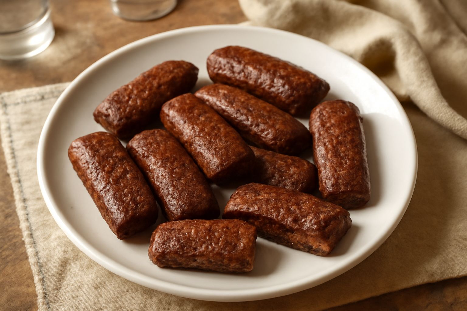 Pepatelli disposti su un piatto bianco, biscotti marroni croccanti a forma irregolare con superficie ruvida e lucida, decorati con granelli di zucchero sugli angoli
